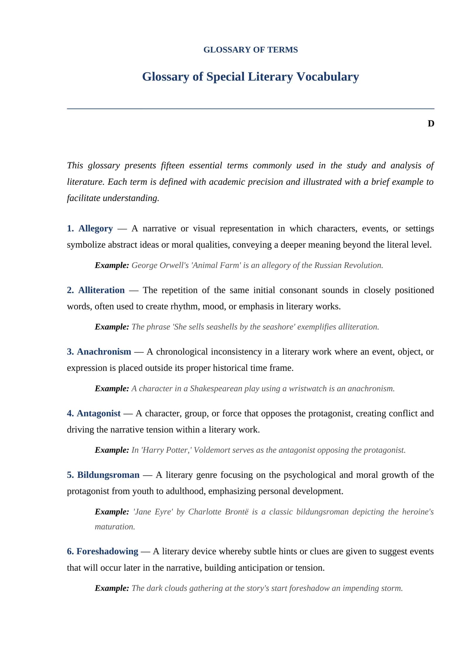 Glossary of Special Literary Vocabulary
