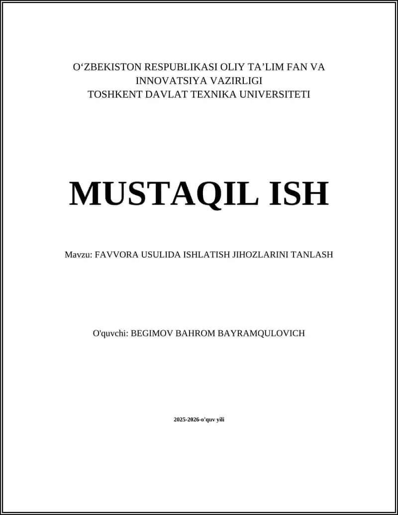 FAVVORA USULIDA ISHLATISH JIHOZLARINI TANLASH