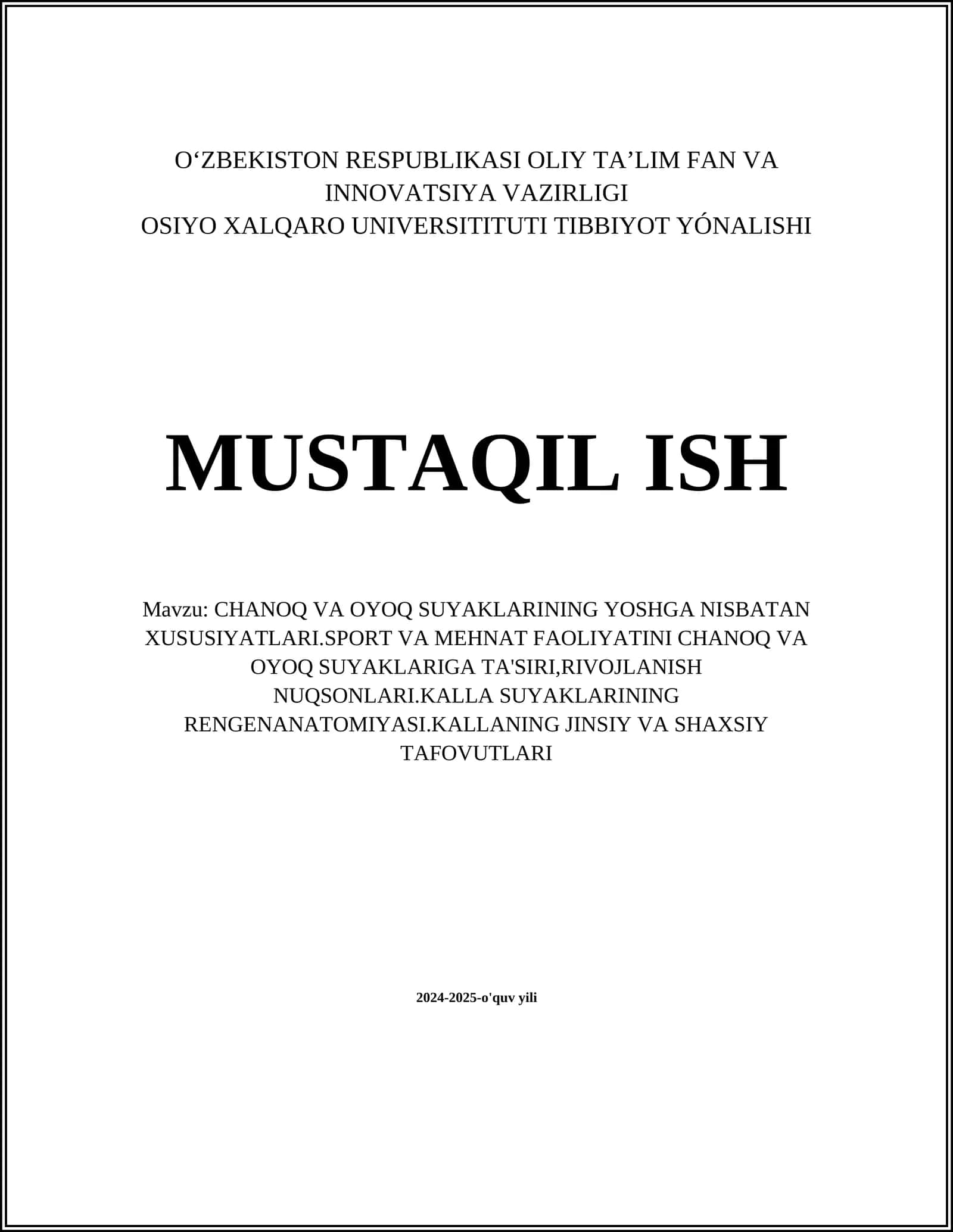 CHANOQ VA OYOQ SUYAKLARINING YOSHGA NISBATAN XUSUSIYATLARI.SPORT VA MEHNAT FAOLIYATINI CHANOQ VA OYOQ SUYAKLARIGA TA'SIRI,RIVOJLANISH NUQSONLARI.KALLA SUYAKLARINING RENGENANATOMIYASI.KALLANING JINSIY VA SHAXSIY TAFOVUTLARI