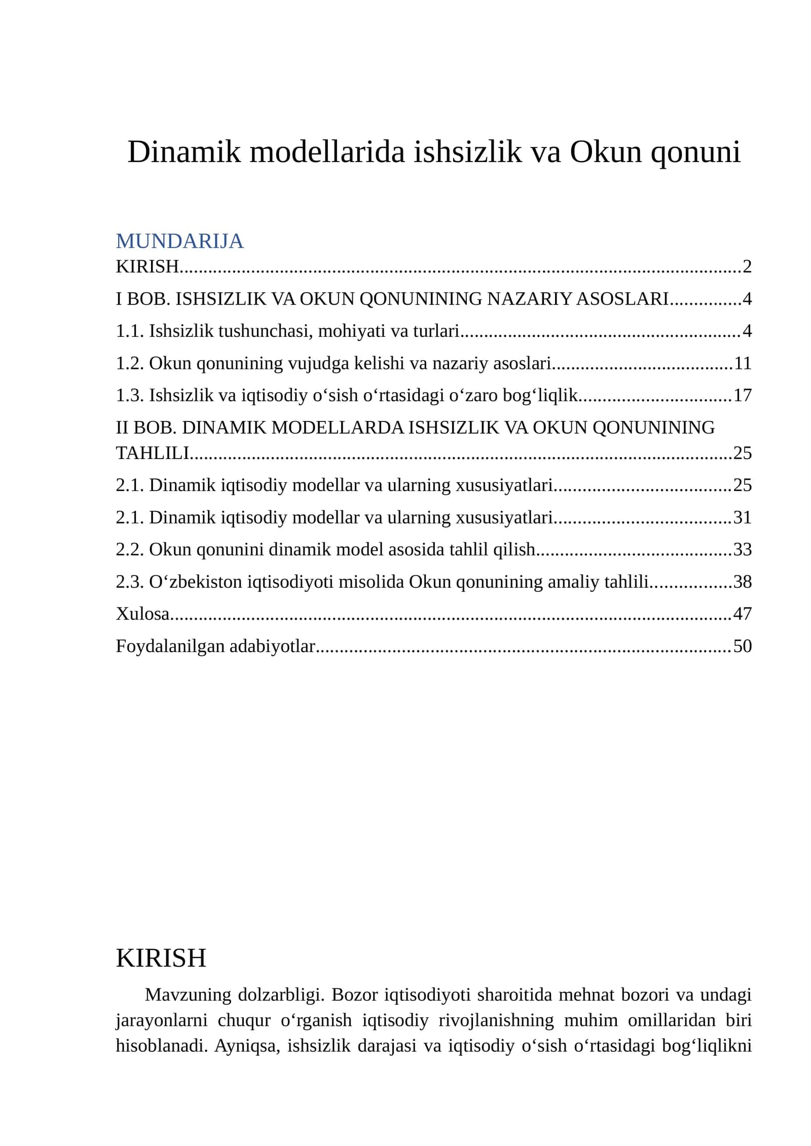Dinamik modellarida ishsizlik va Okun qonuni