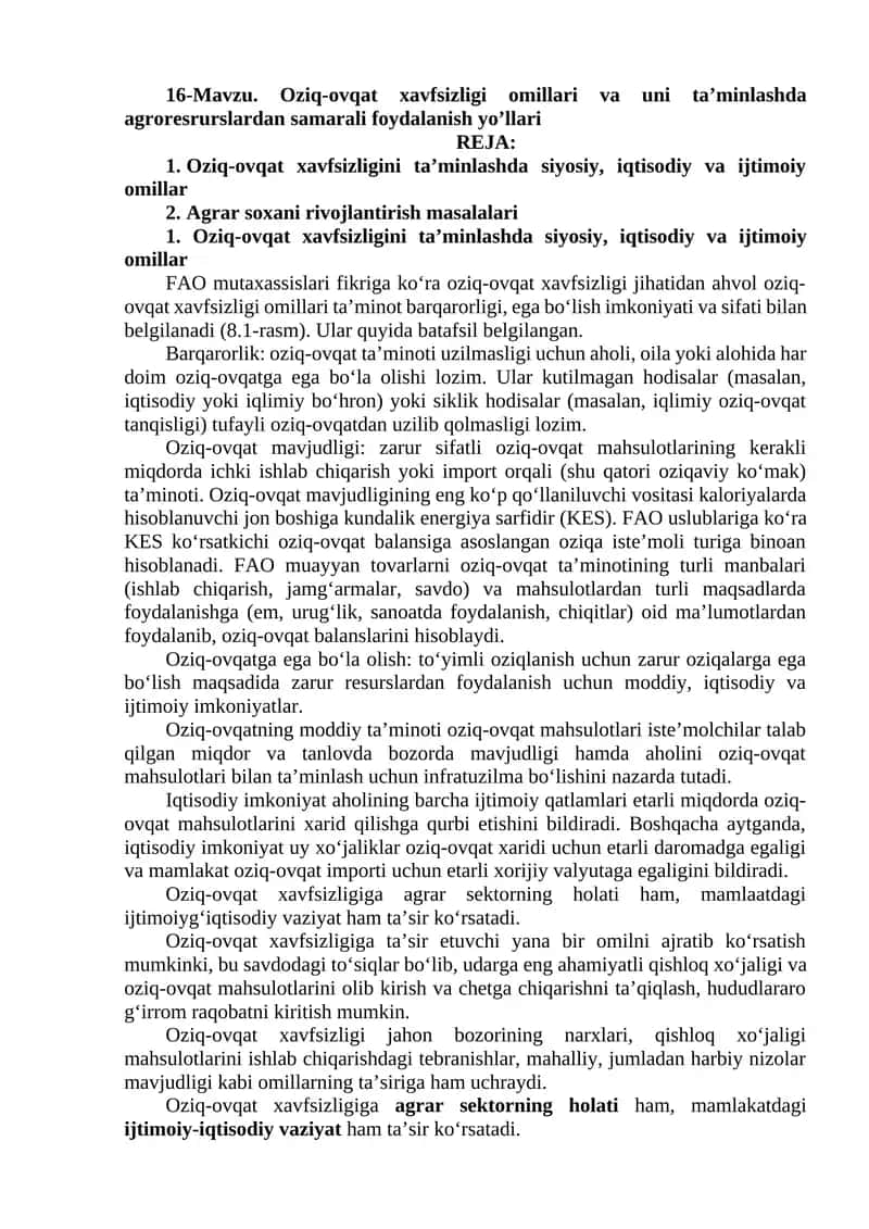 Oziq-ovqat xavfsizligi omillari va uni ta’minlash yo’llari