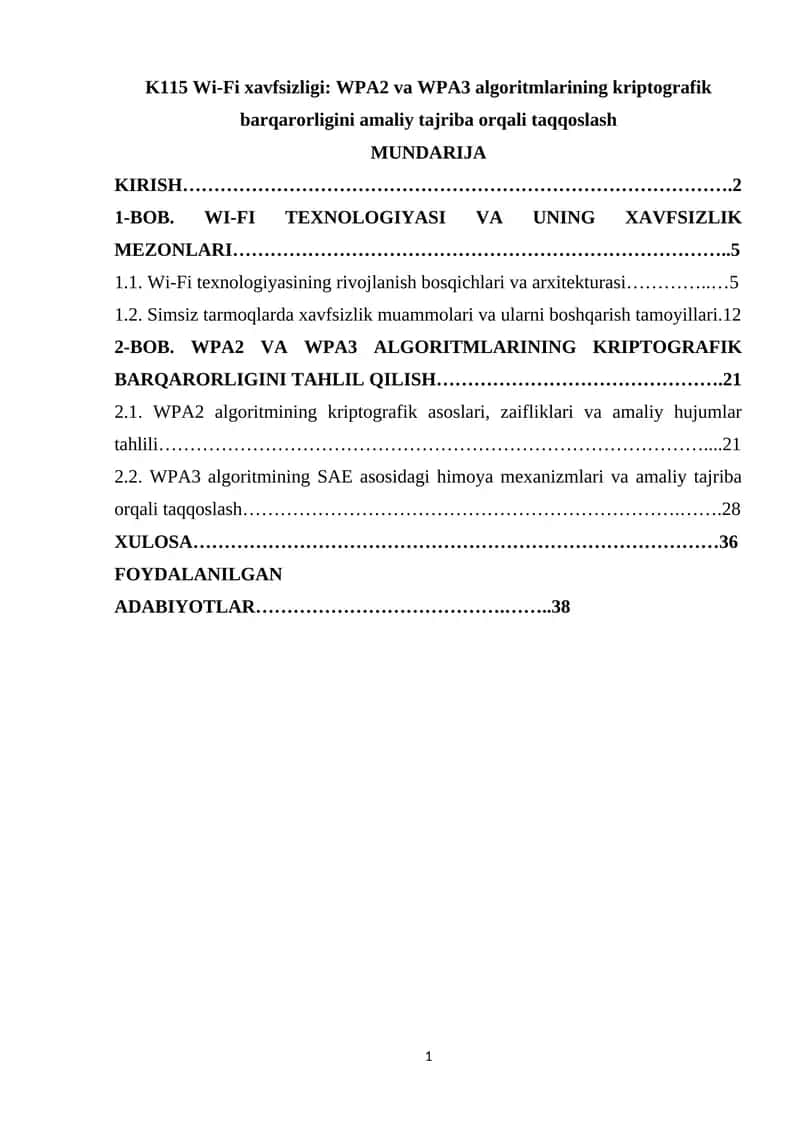 K115 Wi-Fi xavfsizligi  WPA2 va WPA3 algoritmlarining kriptografik barqarorligini amaliy tajriba orqali taqqoslash
