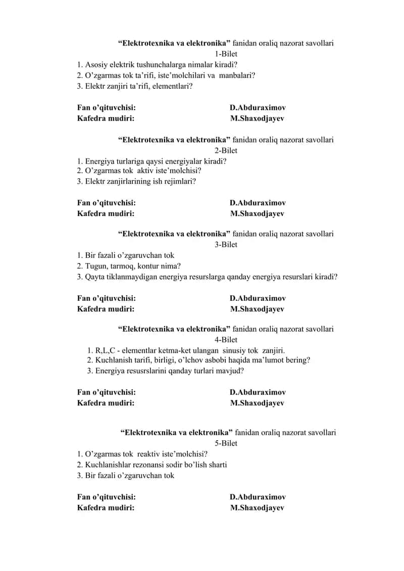 Elektrotexnika va elektronika fanidan oraliq nazorat savollari