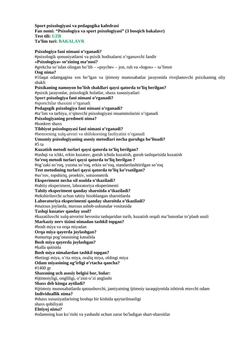 Psixologiya va sport psixologiyasi (3 bosqich bakalavr)