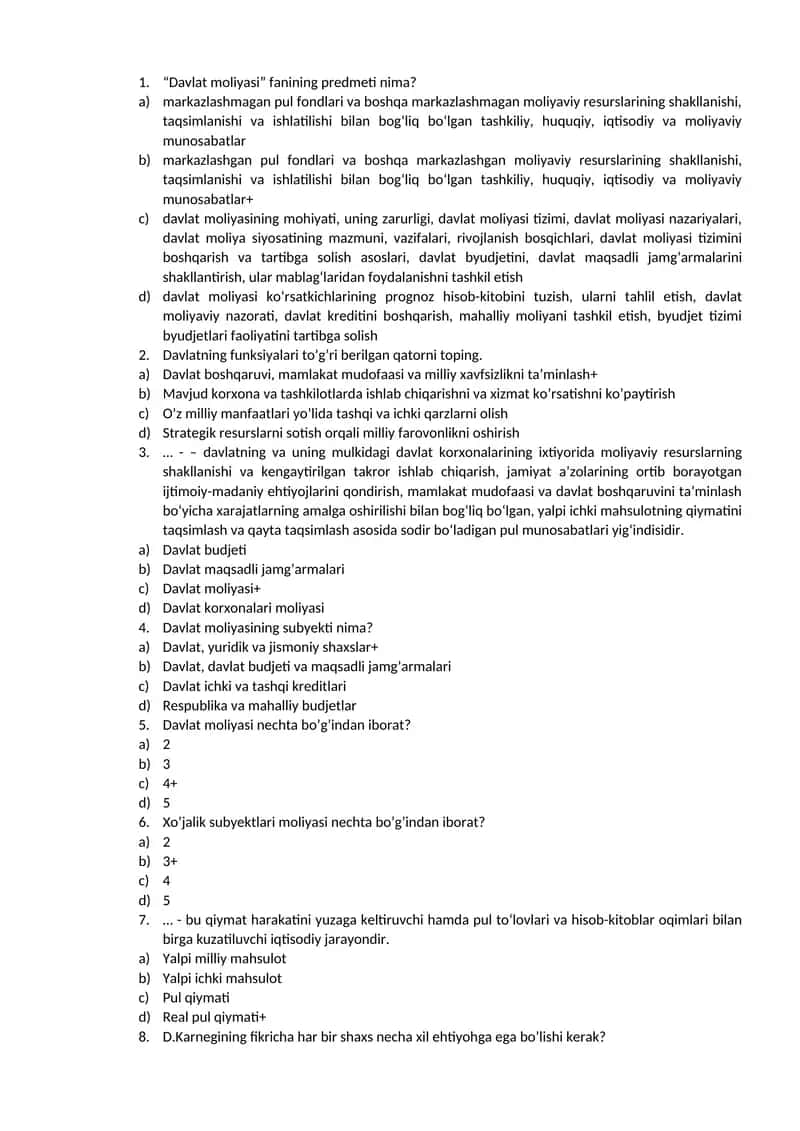 Davlat moliyasi fanidan testlar
