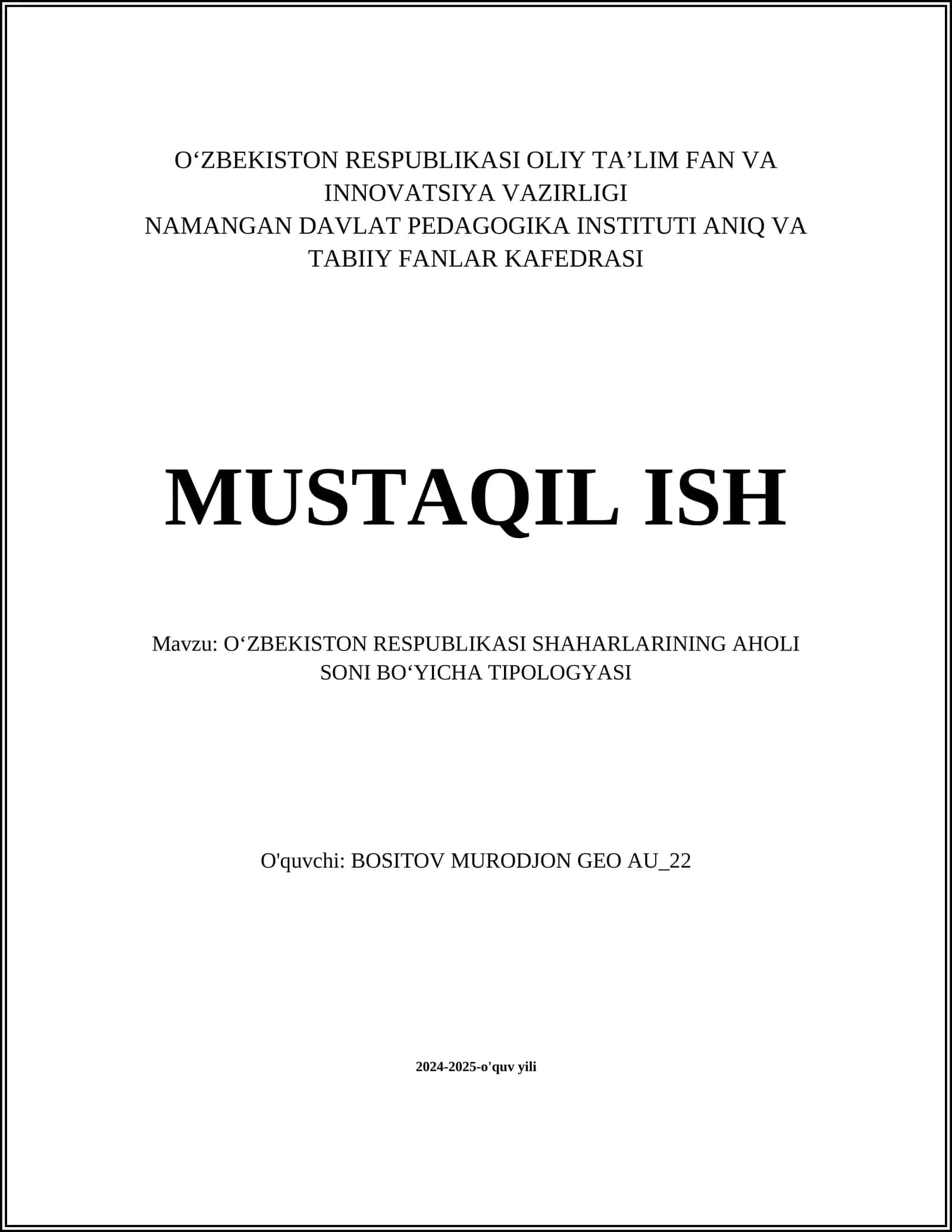 OʻZBEKISTON RESPUBLIKASI SHAHARLARINING AHOLI SONI BOʻYICHA TIPOLOGYASI