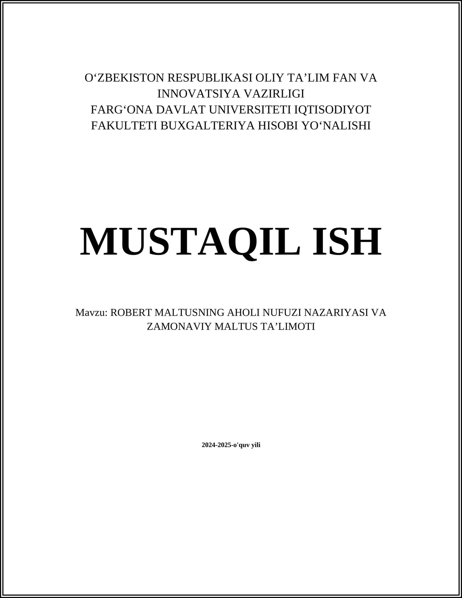 ROBERT MALTUSNING AHOLI NUFUZI NAZARIYASI VA ZAMONAVIY MALTUS TAʼLIMOTI