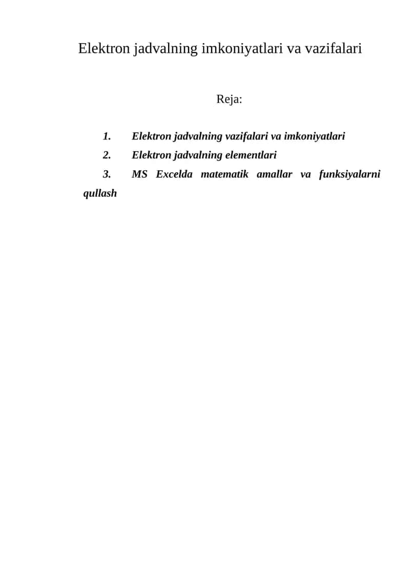 Elektron jadvalning imkoniyatlari va vazifalari