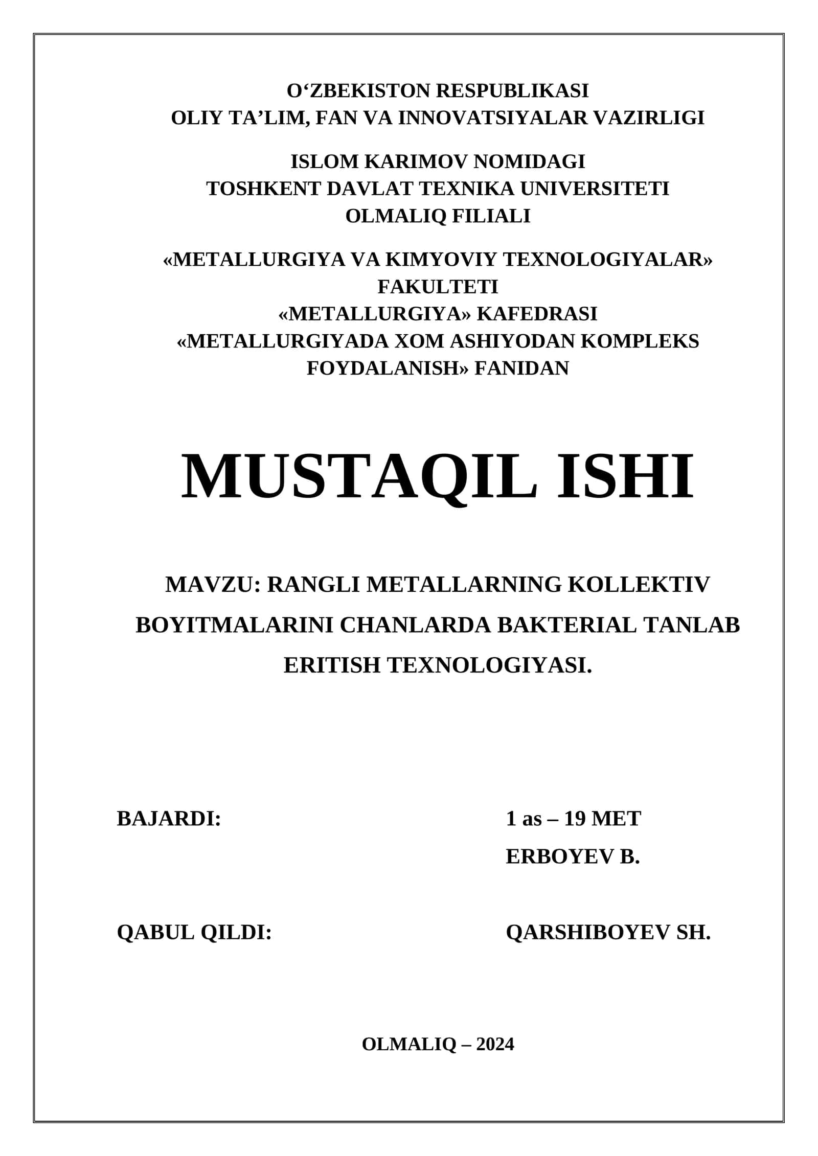 RANGLI METALLARNING KOLLEKTIV BOYITMALARINI CHANLARDA BAKTERIAL TANLAB ERITISH TEXNOLOGIYASI