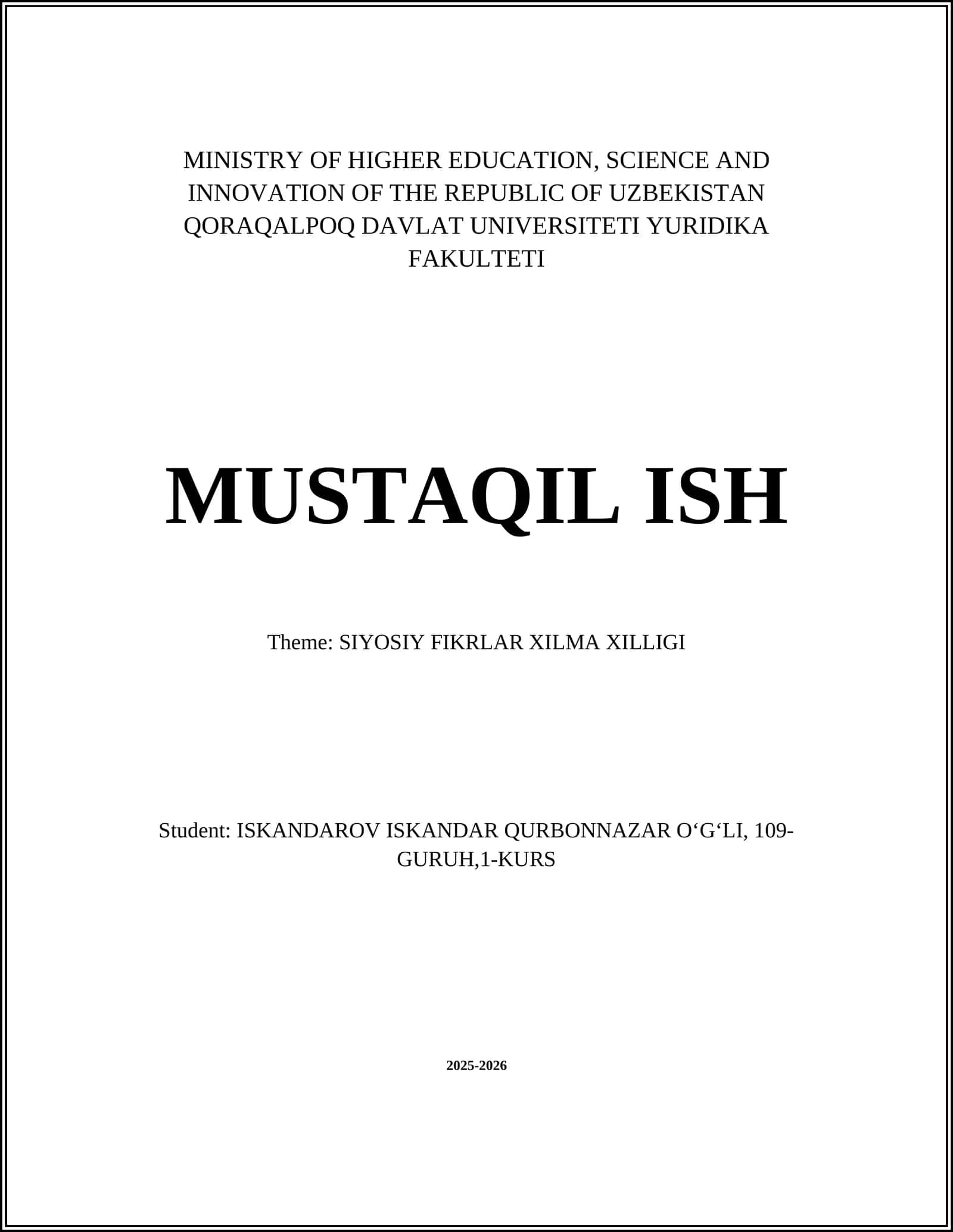 SIYOSIY FIKRLAR XILMA XILLIGI - MUSTAQIL ISH
