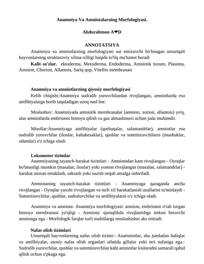Anamniya Va Amniotalarning Morfologiyasi