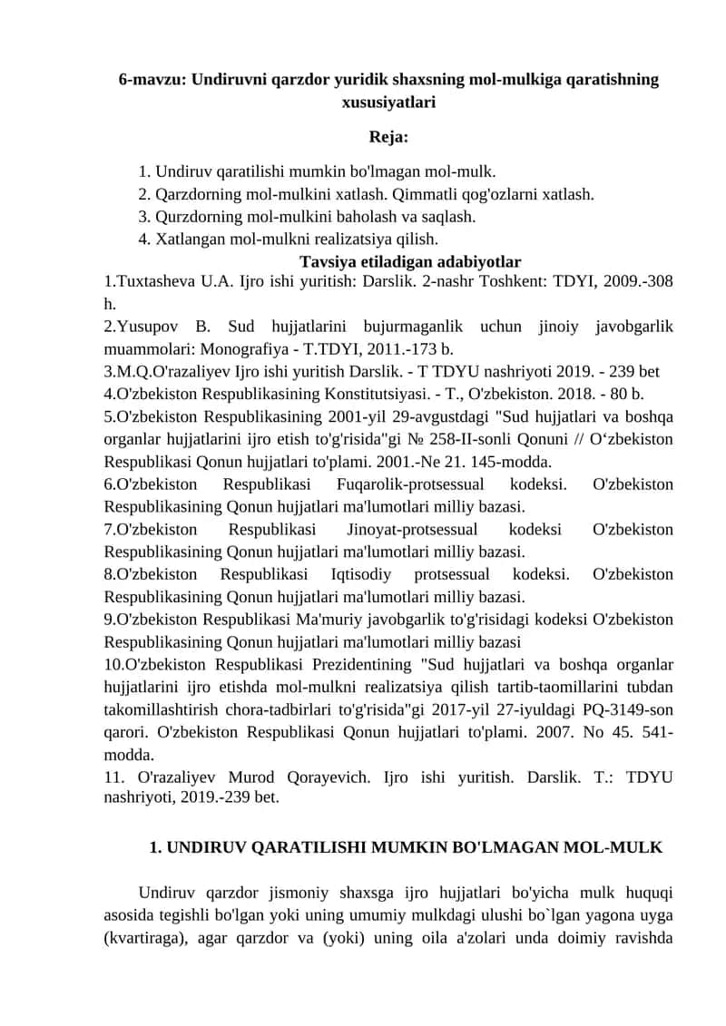 Undiruvni qarzdor yuridik shaxsning mol-mulkiga qaratishning xususiyatlari