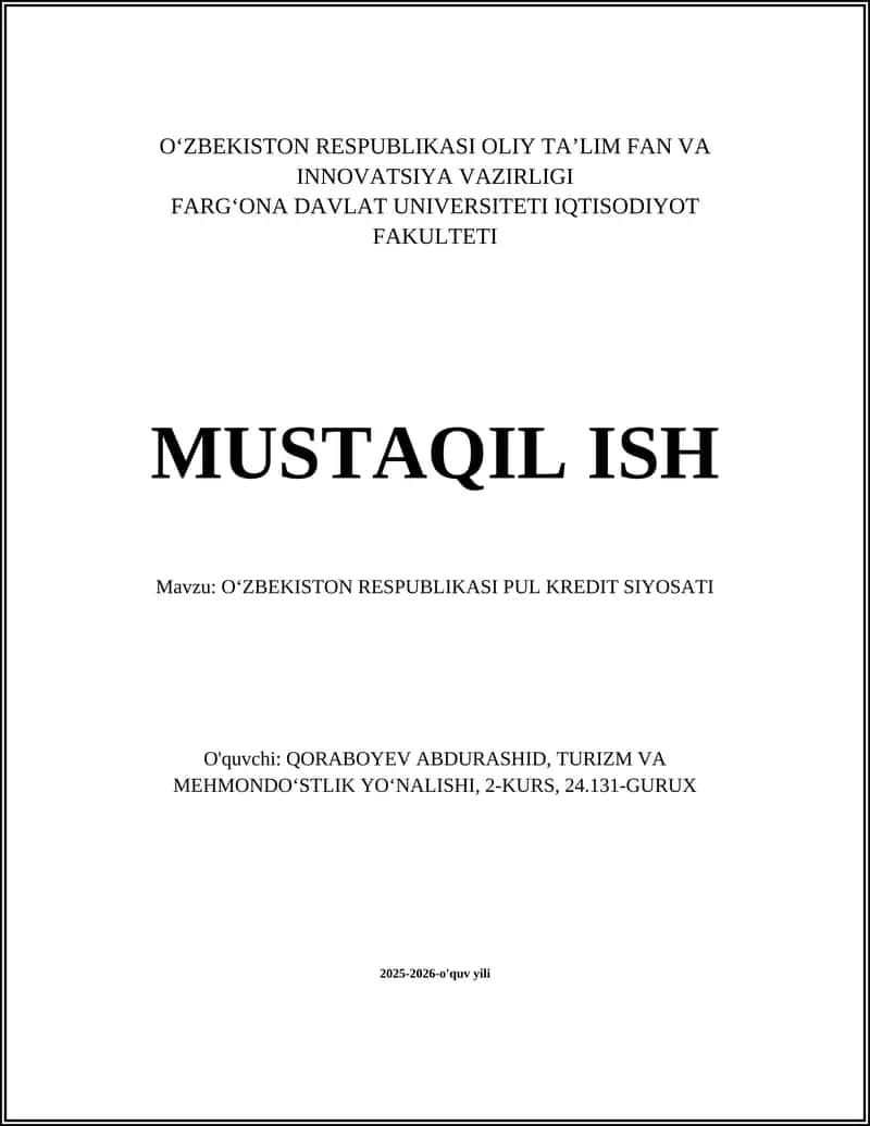 OʻZBEKISTON RESPUBLIKASI PUL KREDIT SIYOSATI