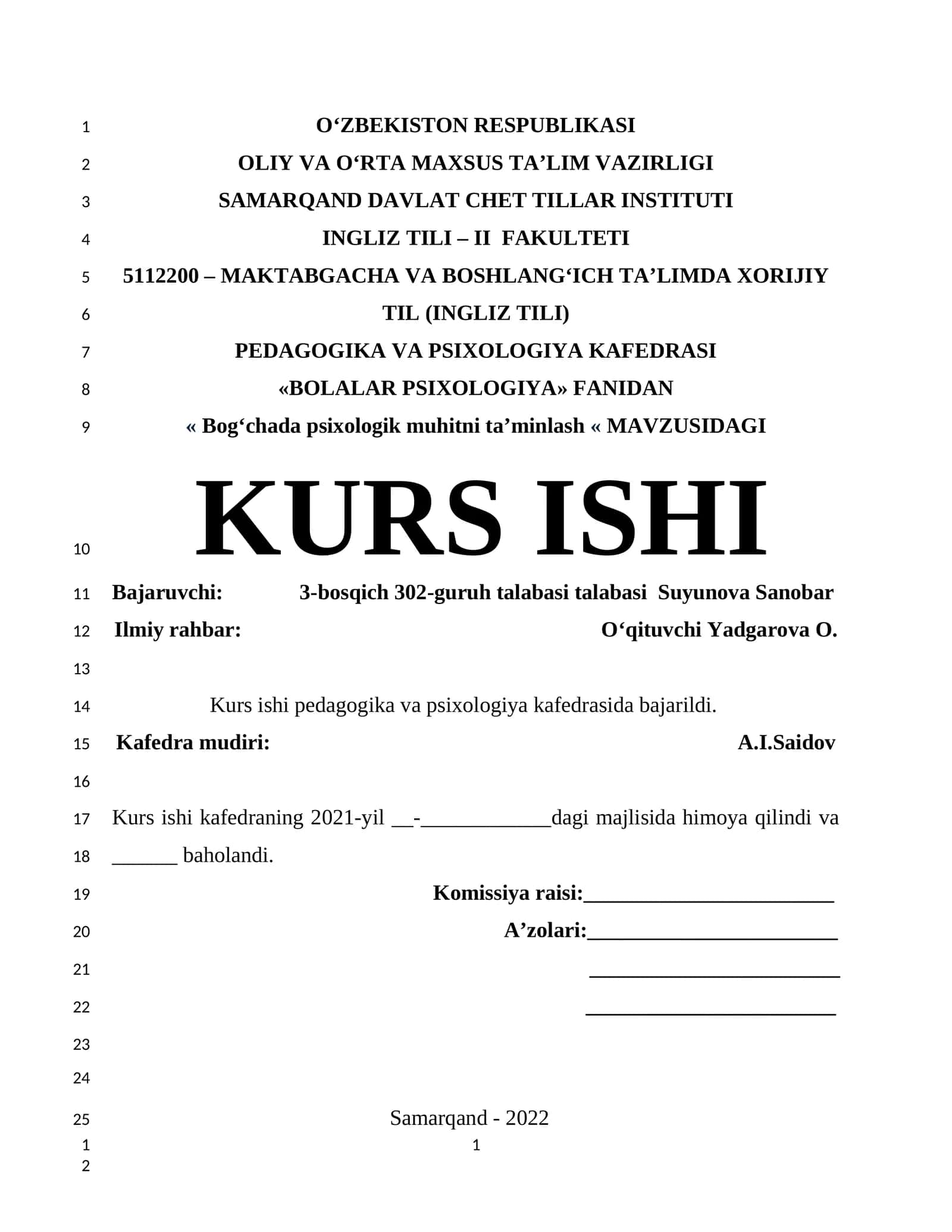 Bog‘chada psixologik muhitni ta’minlash