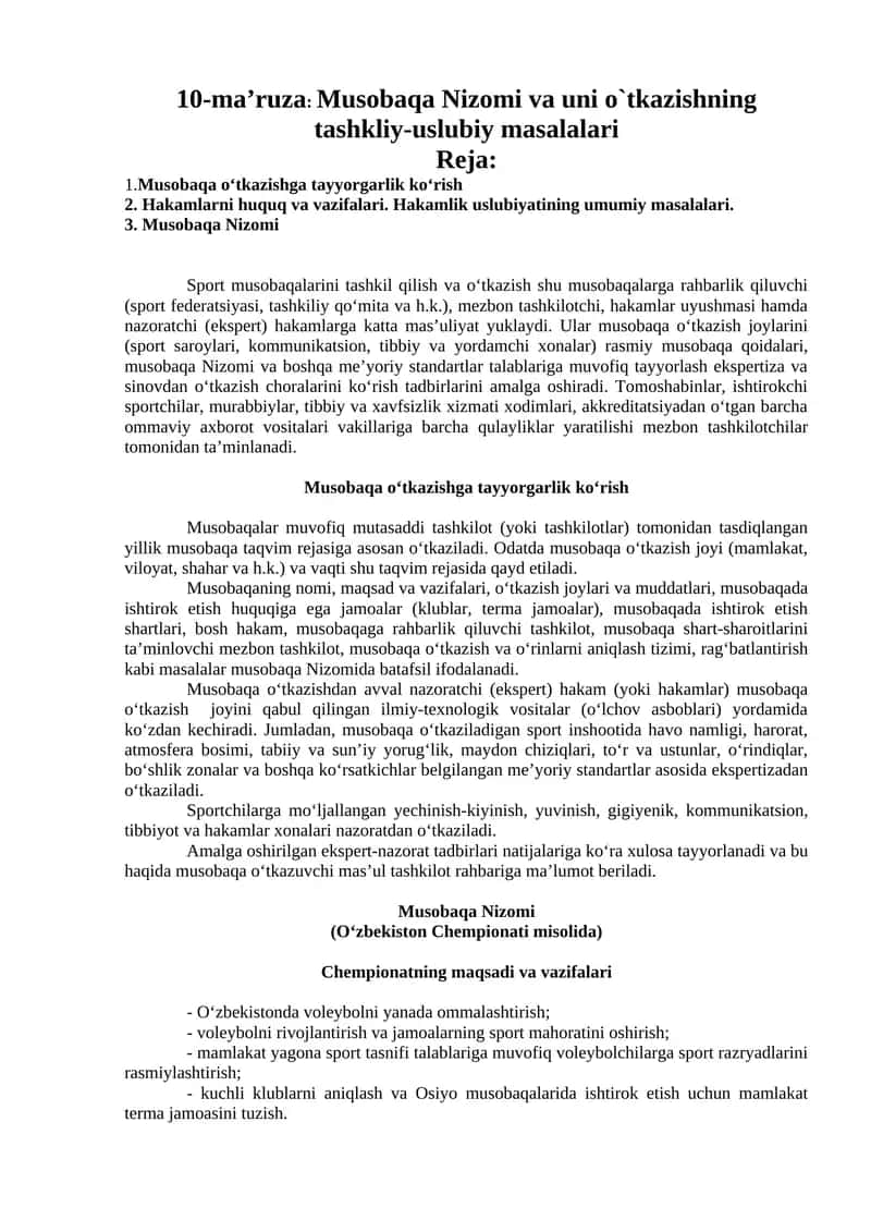 Musobaqa Nizomi va uni o`tkazishning tashkliy-uslubiy masalalari