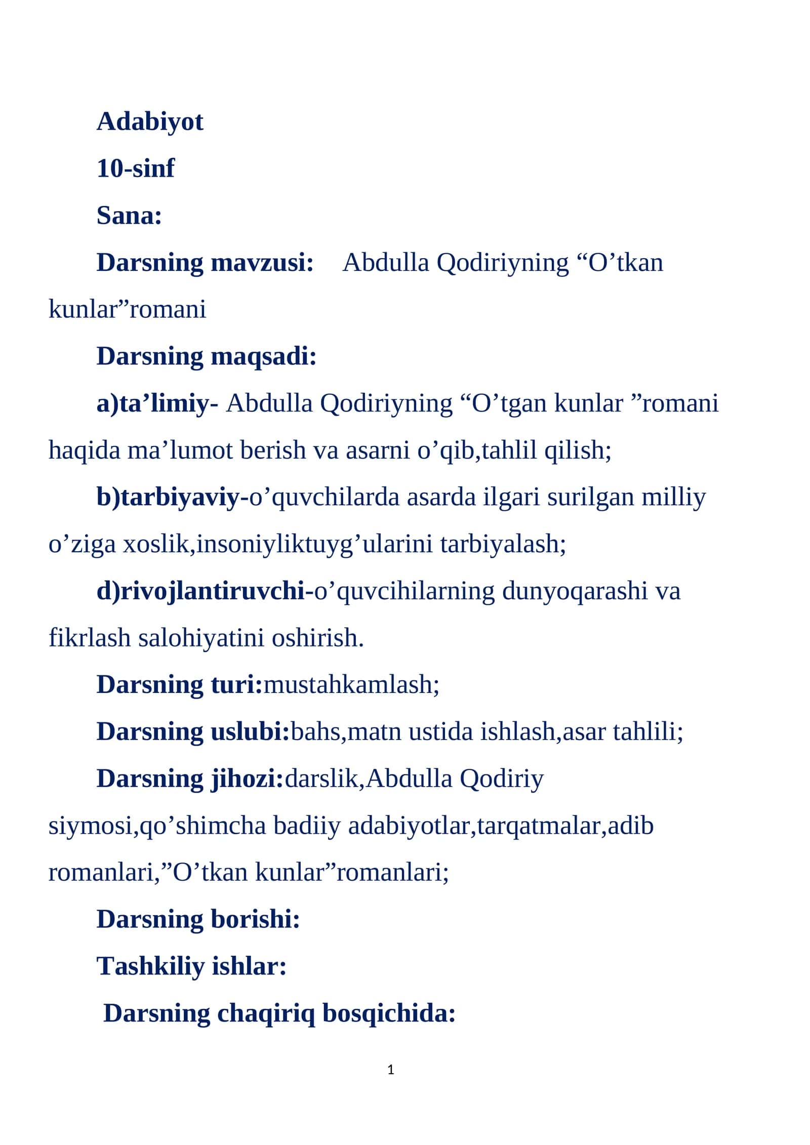 10-sinf Adabiyot Abdulla Qodiriyning O'tgan kunlar romani dars ishlanma