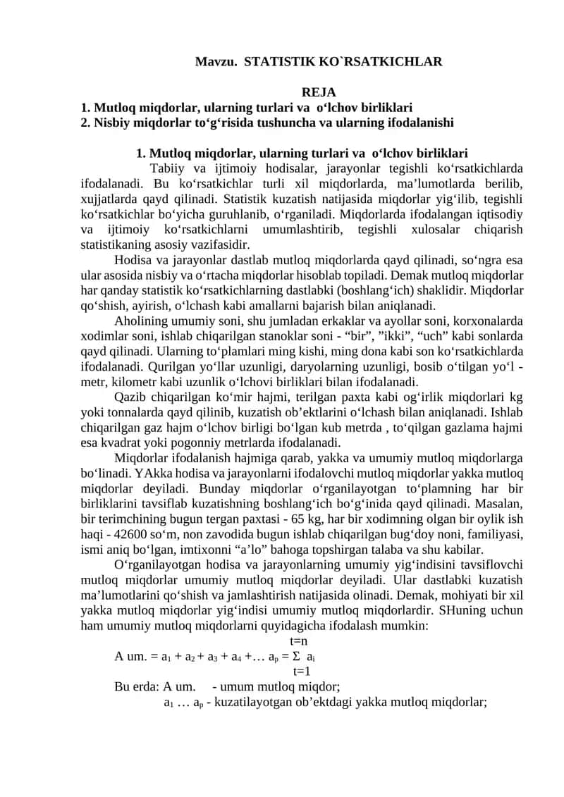 STATISTIK KO`RSATKICHLAR