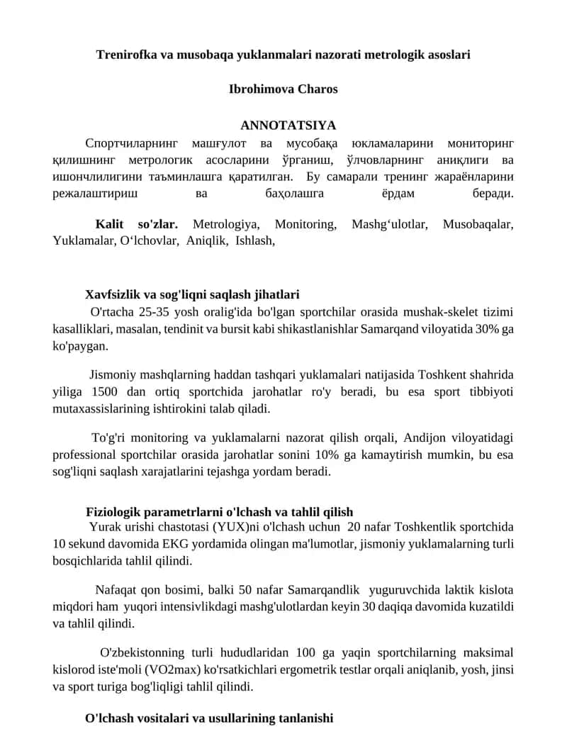 Trenirofka va musobaqa yuklanmalari nazorati metrologik asoslari