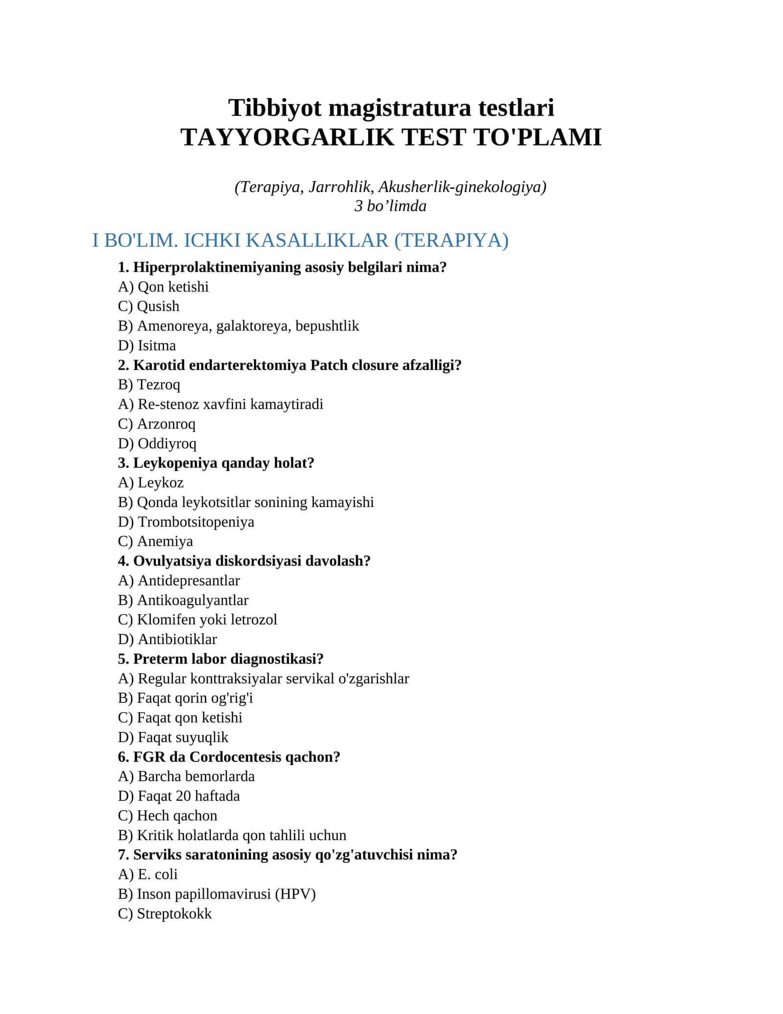 Tibbiyot magistratura testlari