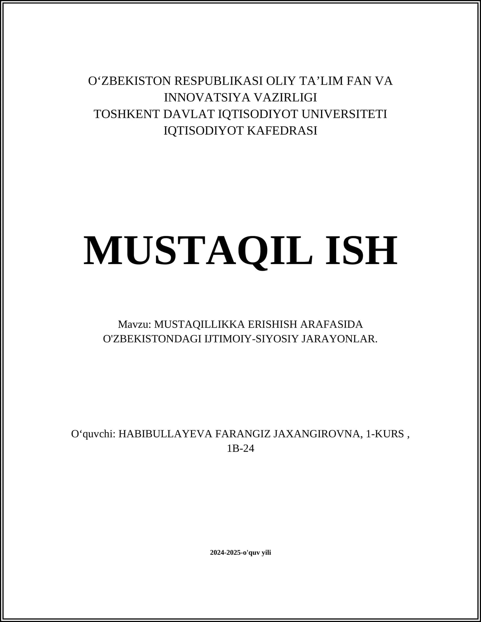 MUSTAQILLIKKA ERISHISH ARAFASIDA O'ZBEKISTONDAGI IJTIMOIY-SIYOSIY JARAYONLAR