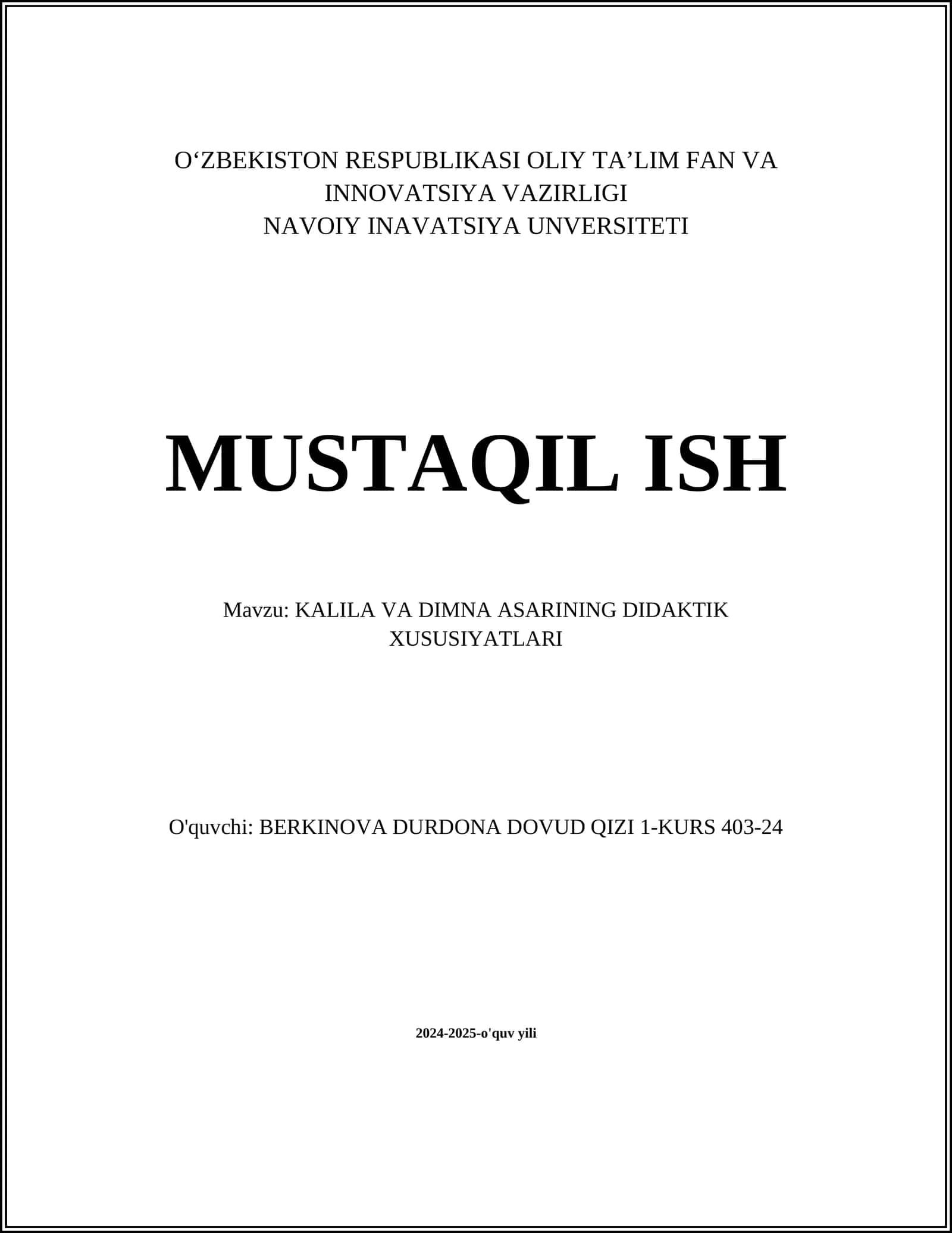 KALILA VA DIMNA ASARINING DIDAKTIK XUSUSIYATLARI