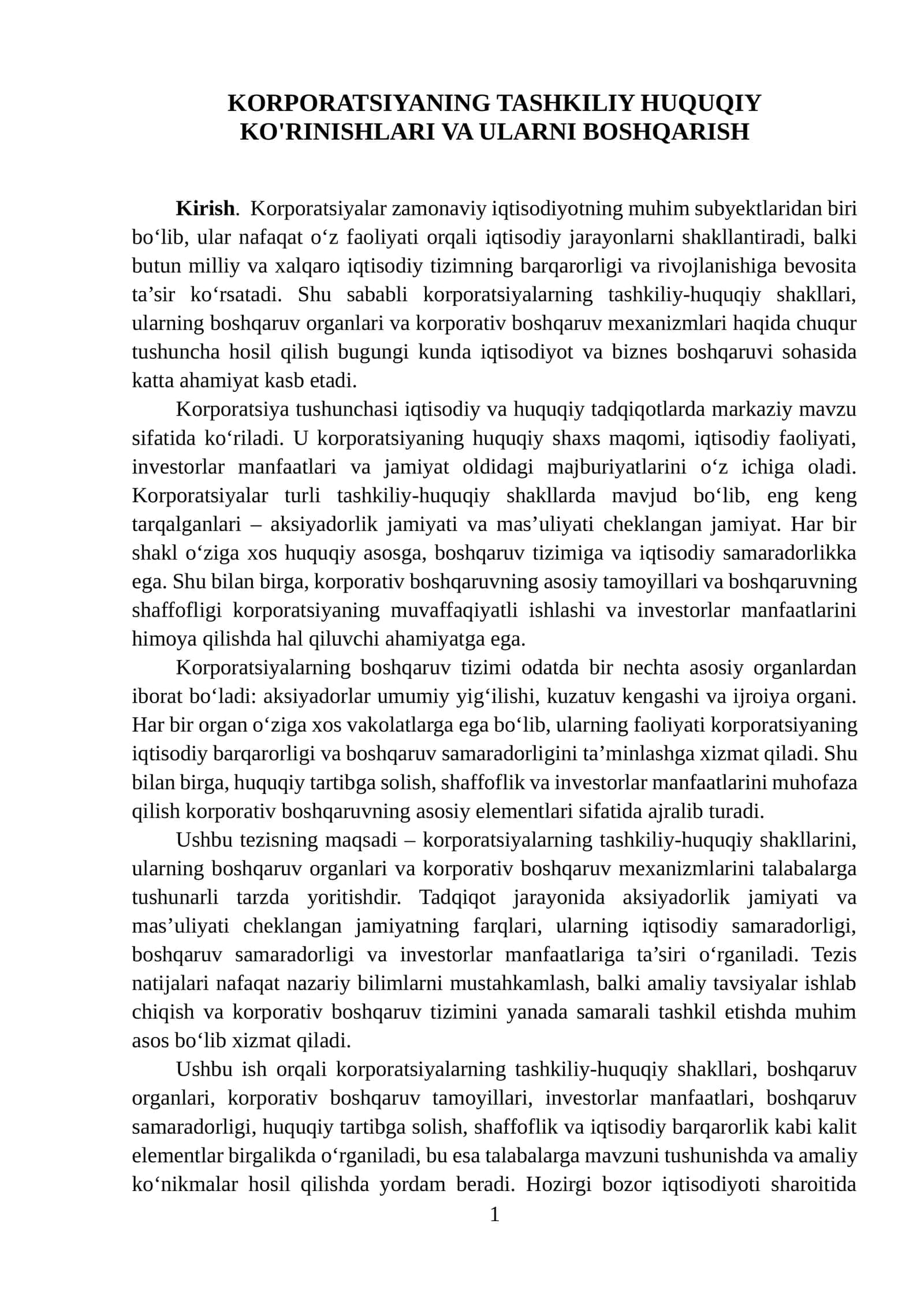 KORPORATSIYANING TASHKILIY HUQUQIY KO'RINISHLARI VA ULARNI BOSHQARISH