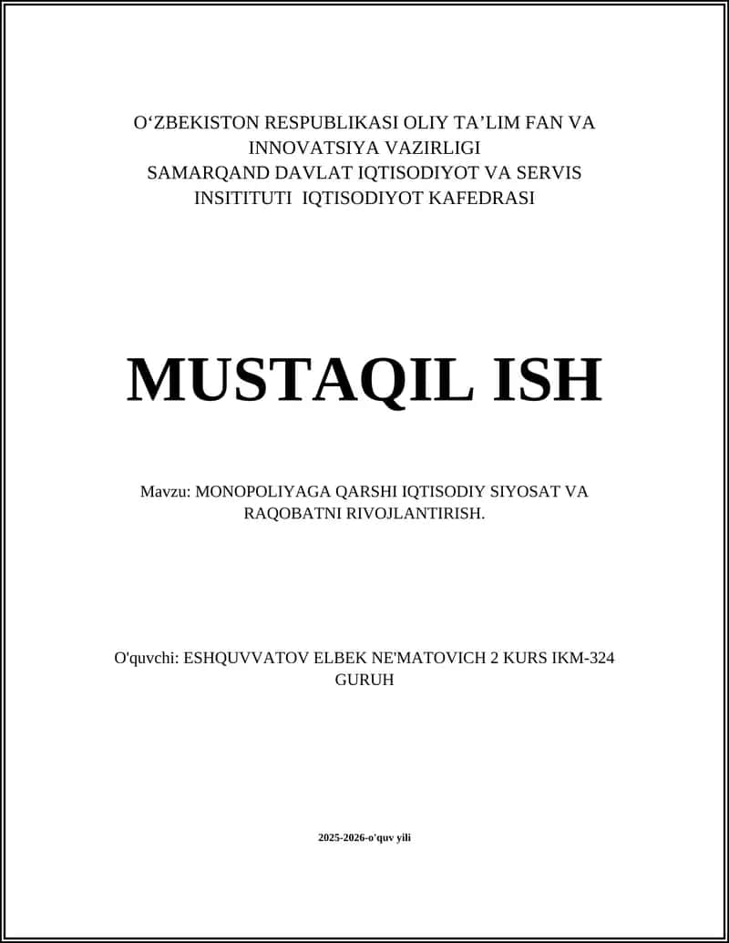 Monopoliyaga Qarshi Iqtisodiy Siyosat Va Raqobatni Rivojlantirish