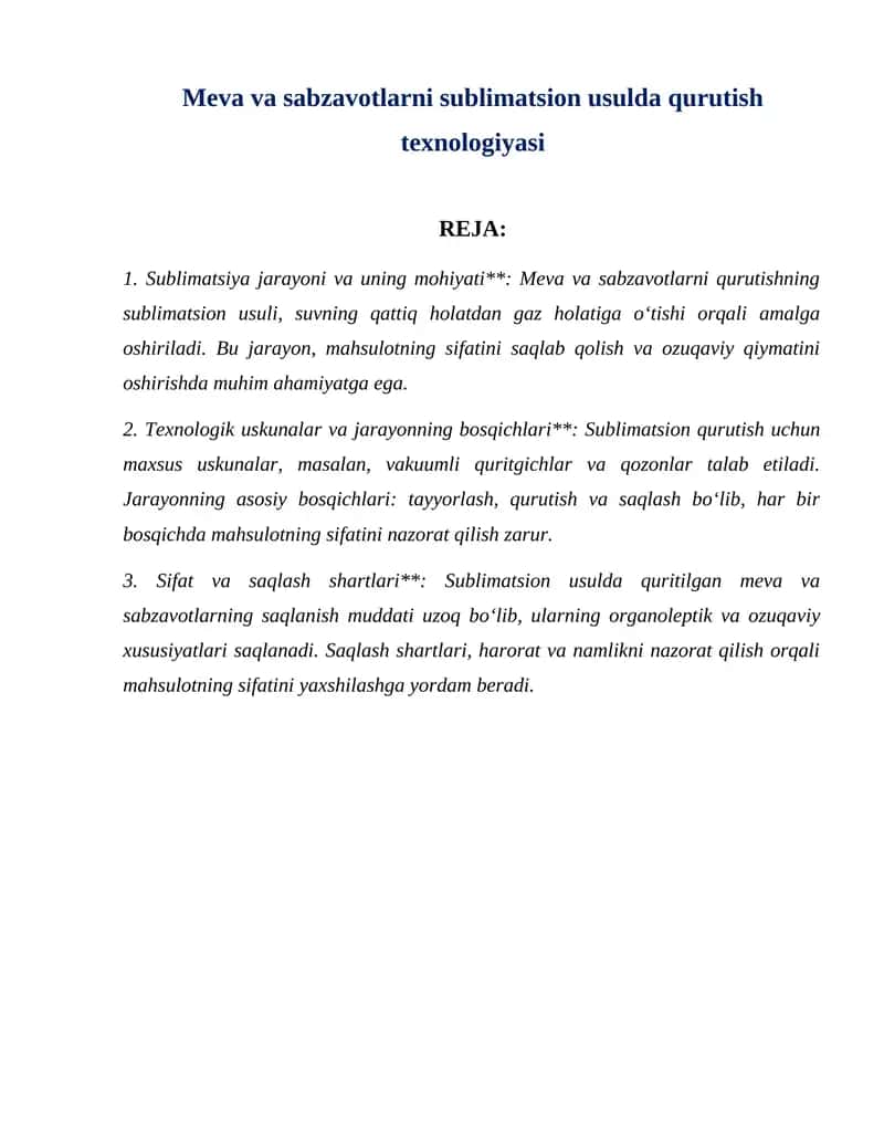 Meva va sabzavotlarni sublimatsion usulda qurutish texnologiyasi