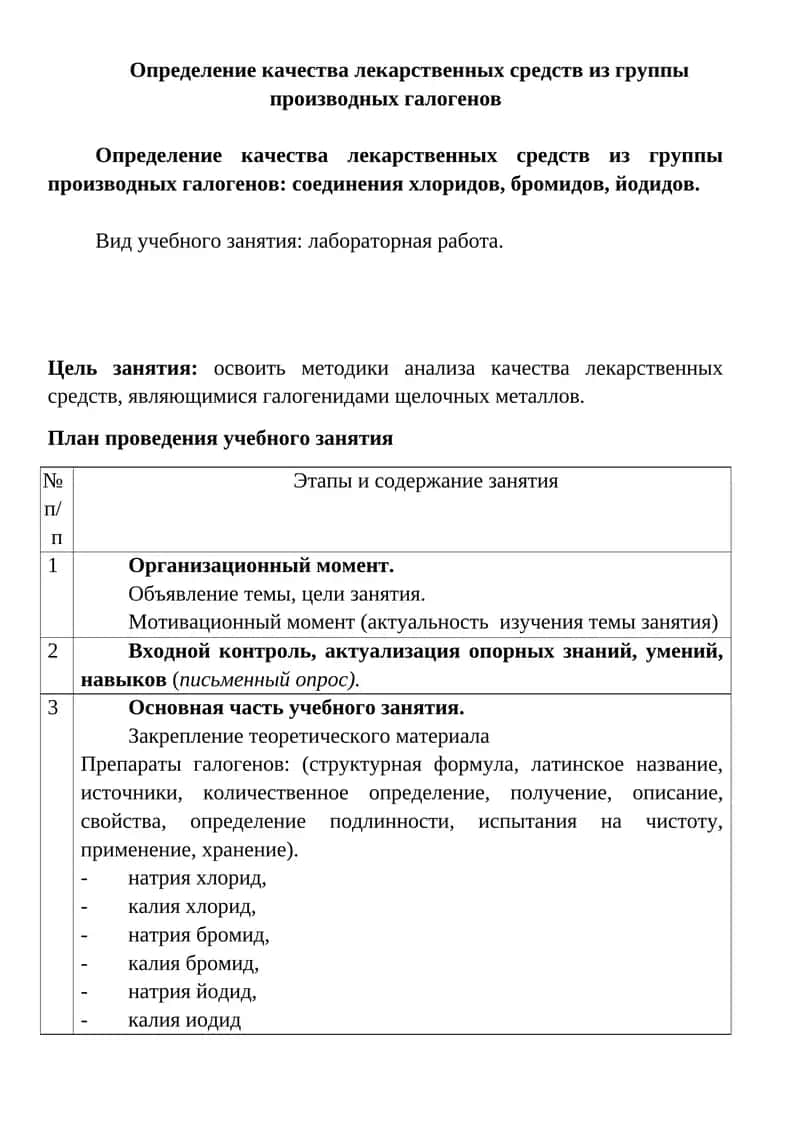 Определение качества лекарственных средств из группы производных галогенов