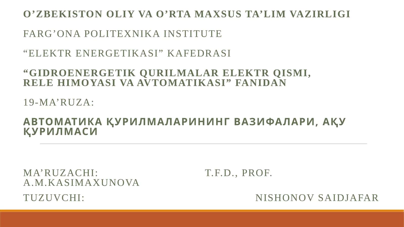 "Gidroenergetik qurilmalari elektr qismi, relehimoya va avtomatikasi"