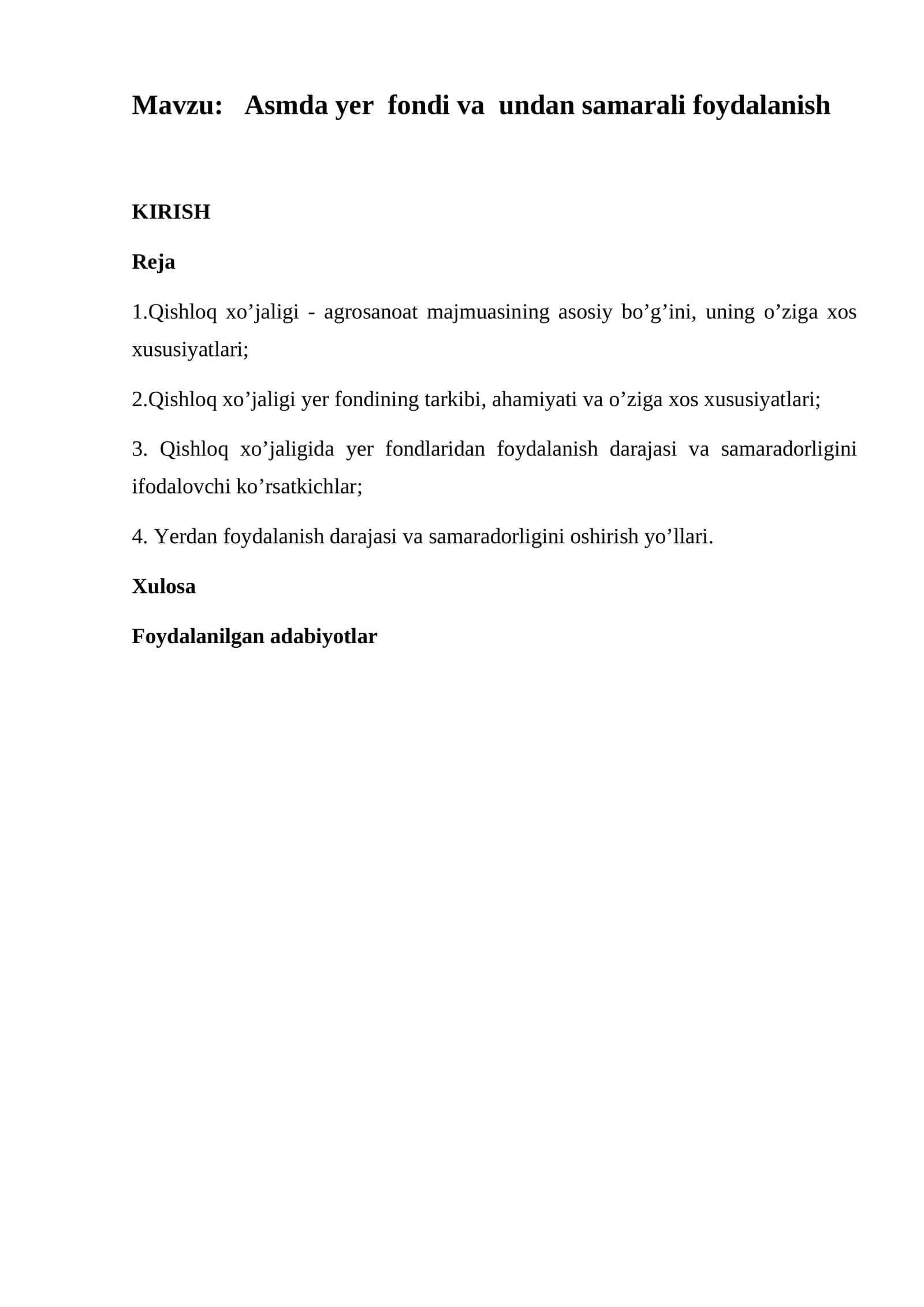 Asmda yer fondi va undan samarali foydalanish