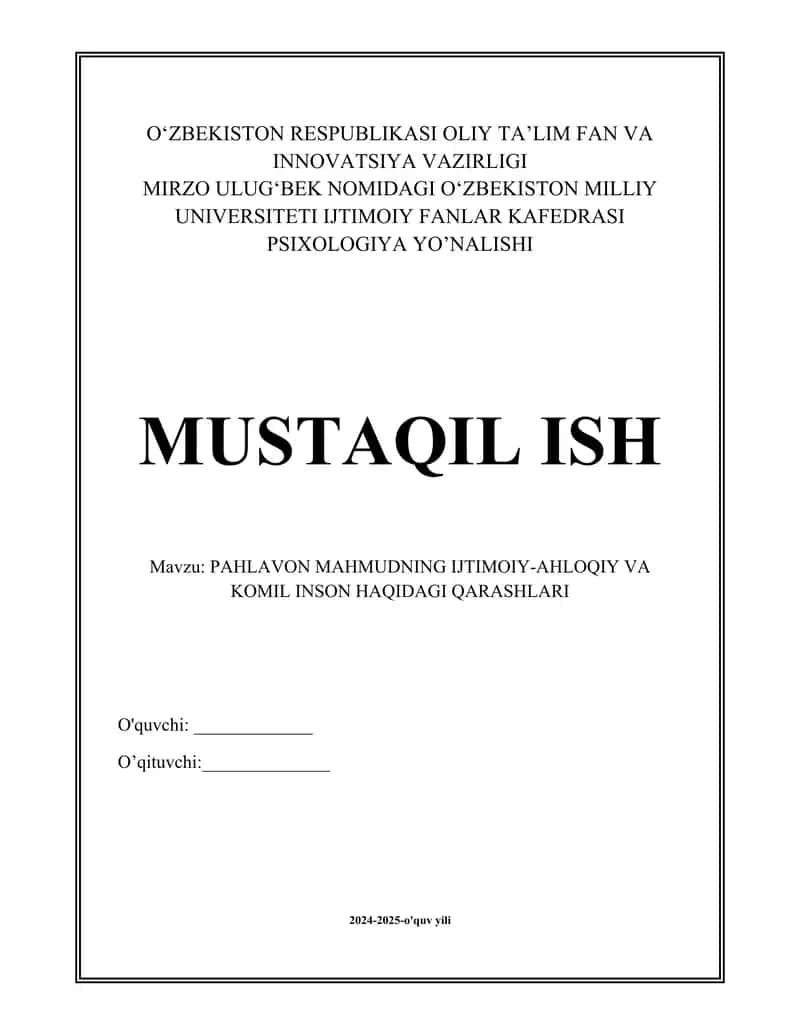 PAHLAVON MAHMUDNING IJTIMOIY-AHLOQIY VA KOMIL INSON HAQIDAGI QARASHLARI