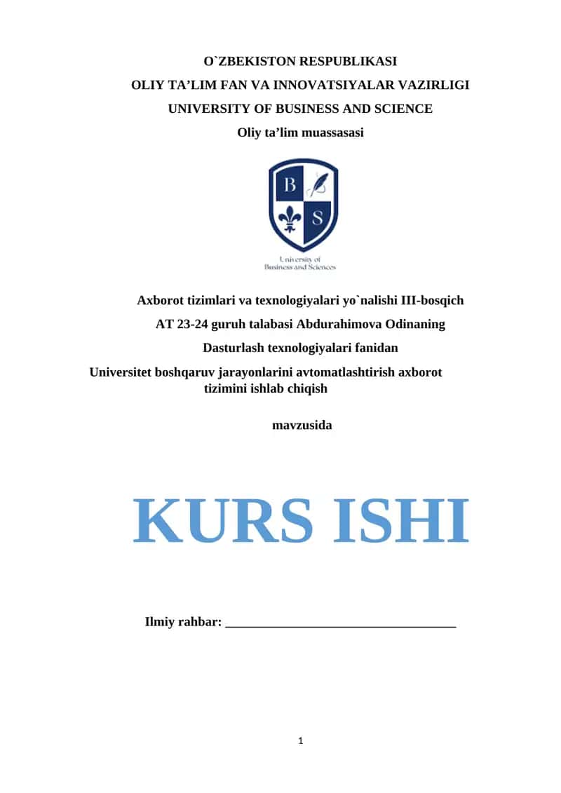 UNIVERSITET BOSHQARUV JARAYONLARINI AVTOMATLASHTIRISH TIZIMI UCHUN TALABLARNI SHAKLLANTIRISH