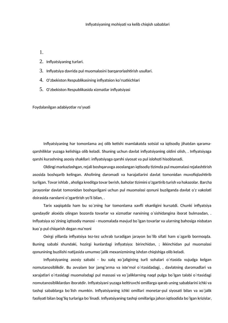 Inflyatsiyaning mohiyati va kelib chiqish sabablari