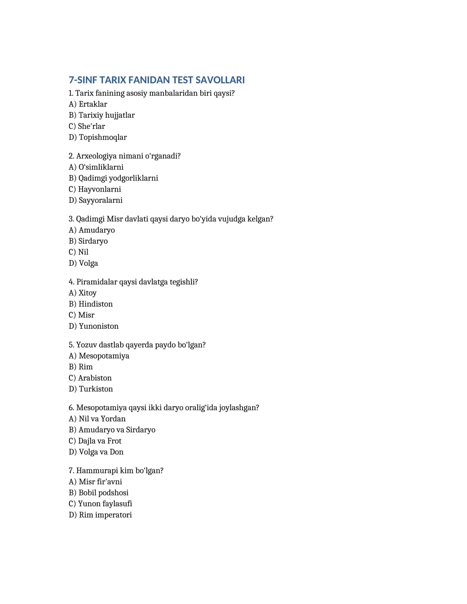 7-SINF TARIX FANIDAN TEST SAVOLLARI