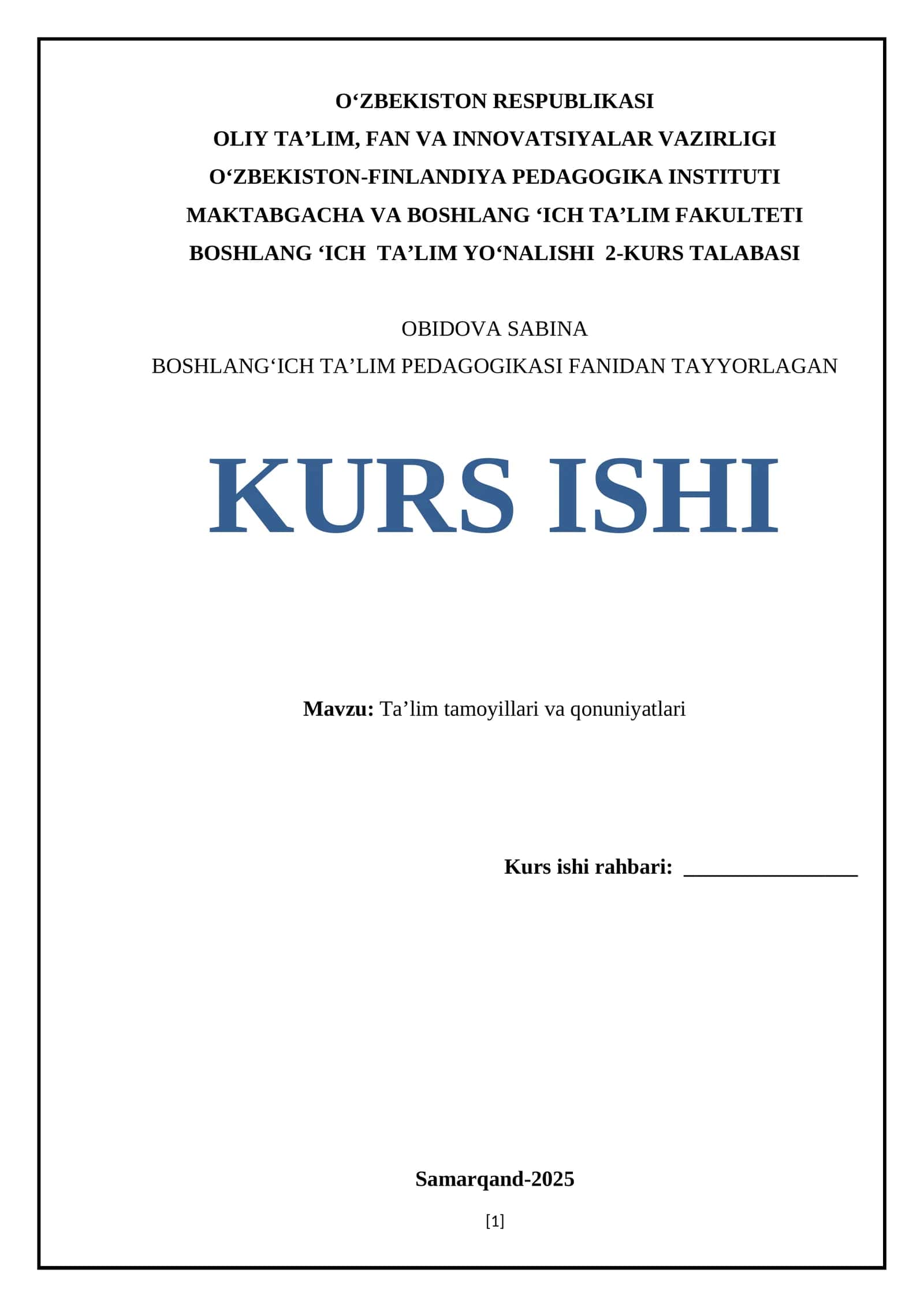 Boslang'ich ta'lim yog'nalishi 2-kurs talabasi kurs ishi