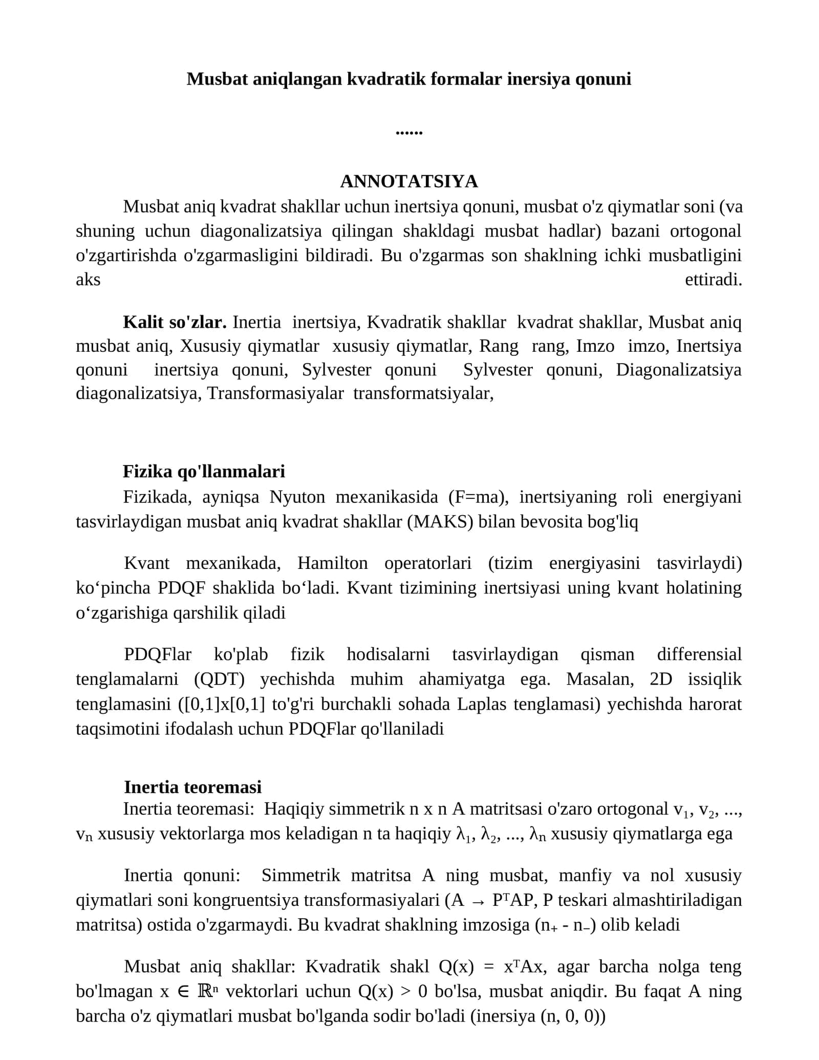 Musbat aniqlangan kvadratik formalar inertsiya qonuni