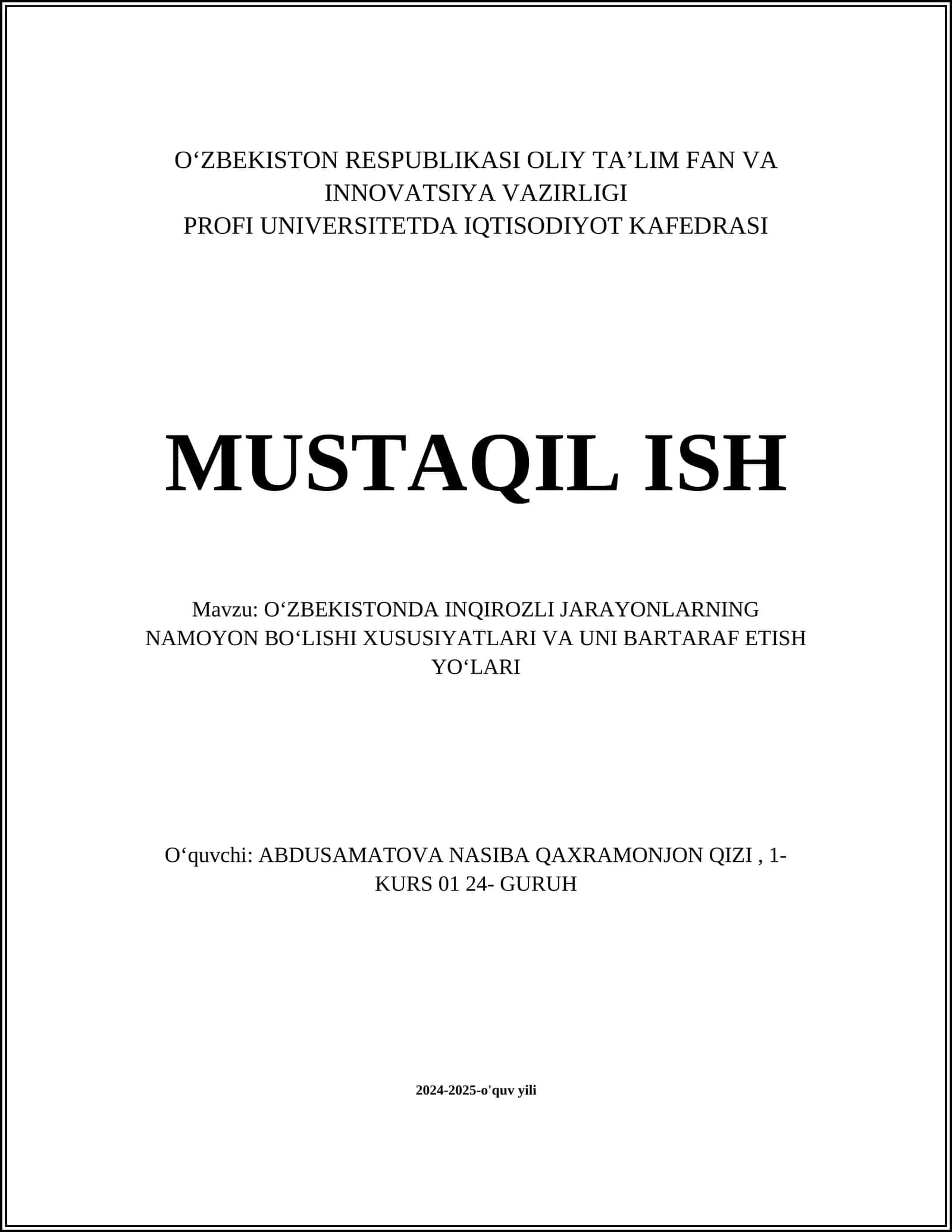OʻZBEKISTONDA INQIROZLI JARAYONLARNING NAMOYON BOʻLISHI XUSUSIYATLARI VA UNI BARTARAF ETISH YOʻLARI
