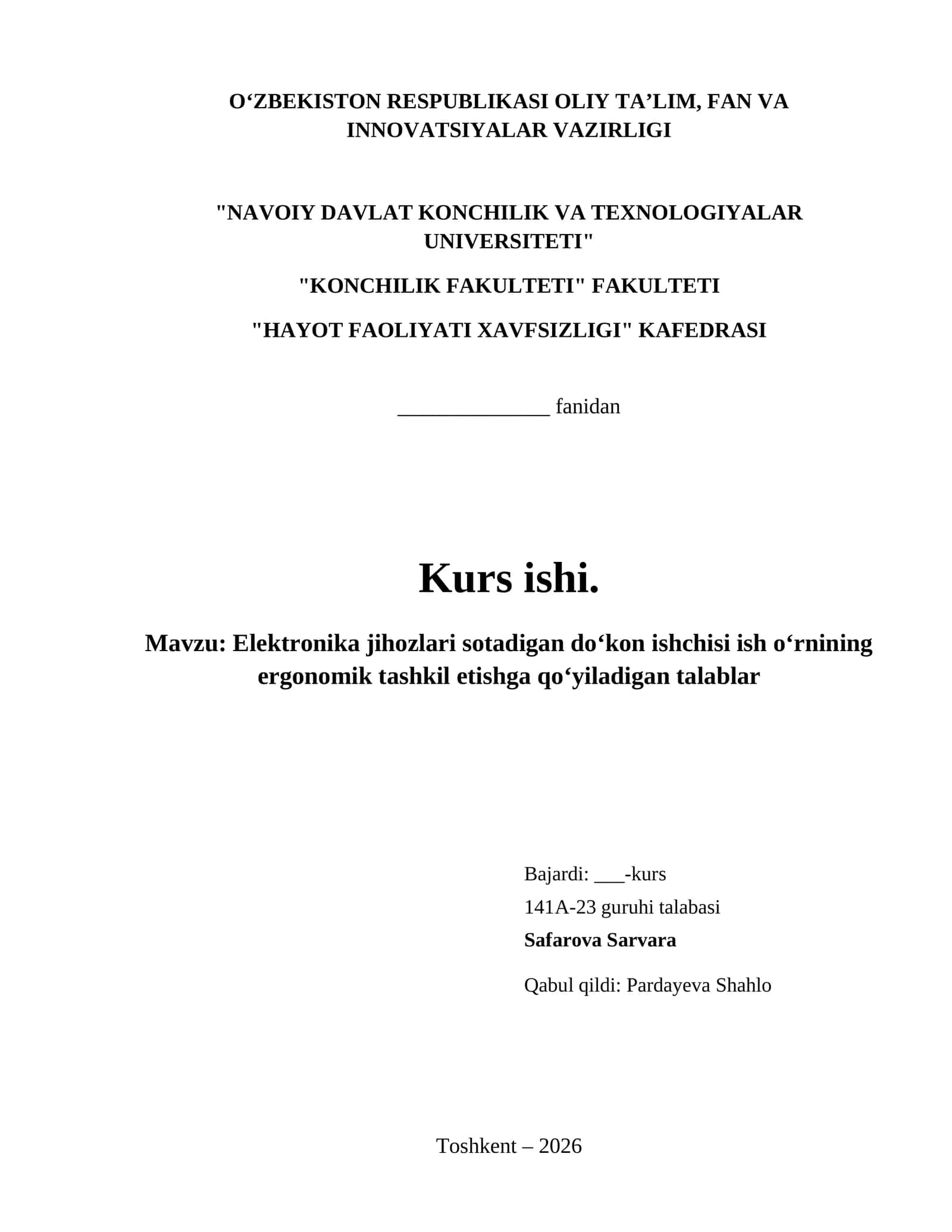 Elektronika jihozlari sotadigan doʻkon ishchisi ish oʻrnining ergonomik tashkil etishga qoʻyiladigan talablar