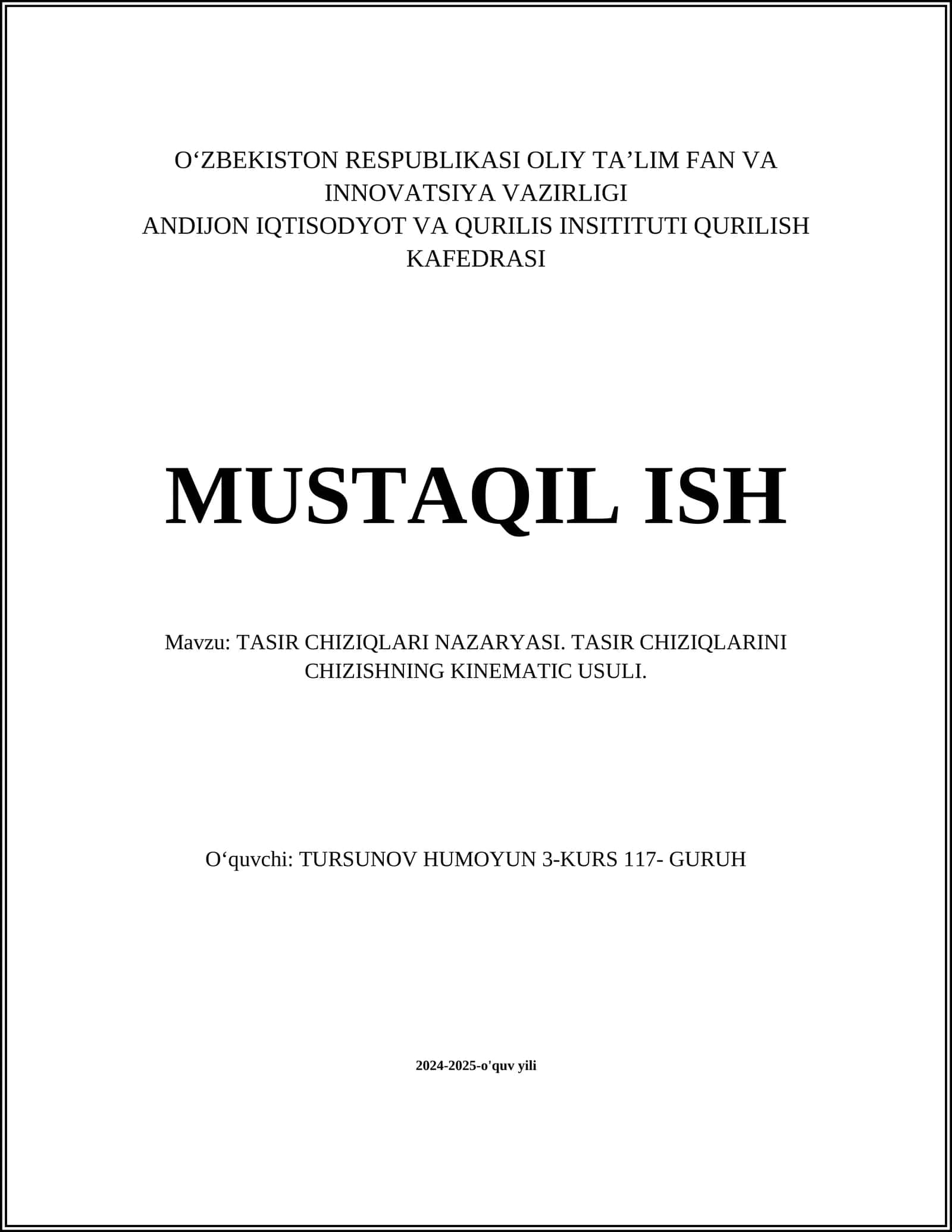TASIR CHIZIQLARI NAZARYASI. TASIR CHIZIQLARINI CHIZISHNING KINEMATIC USULI