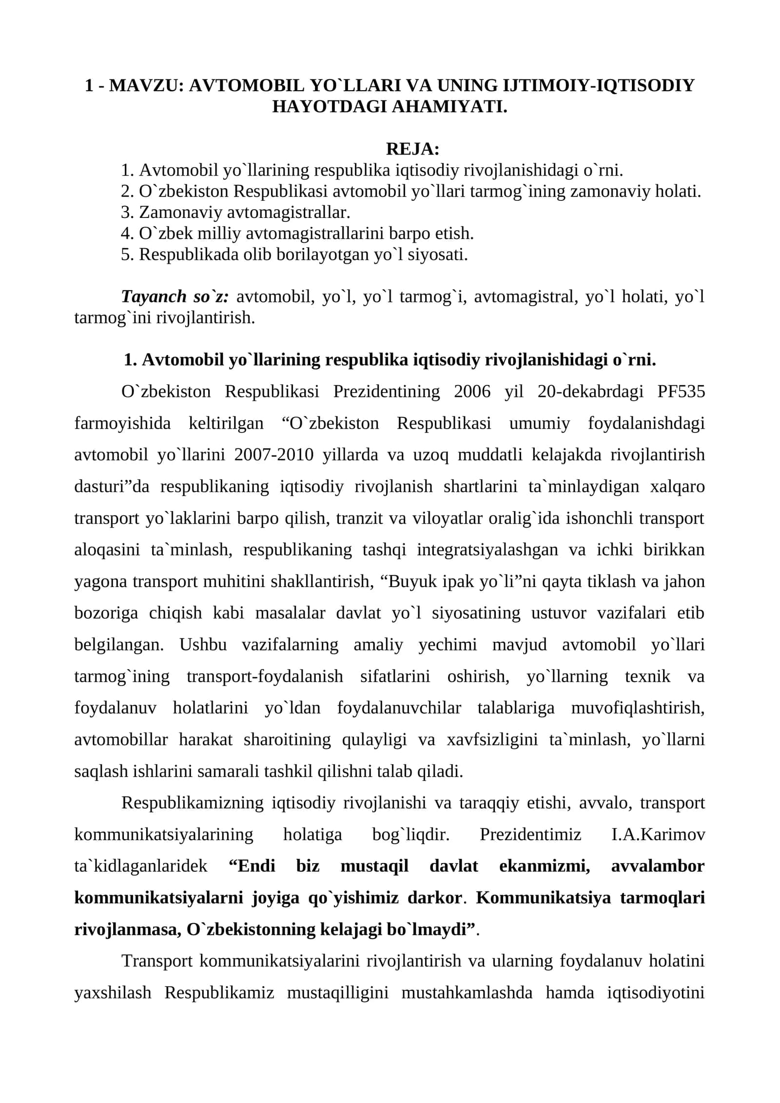 AVTOMOBIL YO`LLARI VA UNING IJTIMOIY-IQTISODIY HAYOTDAGI AHAMIYATI