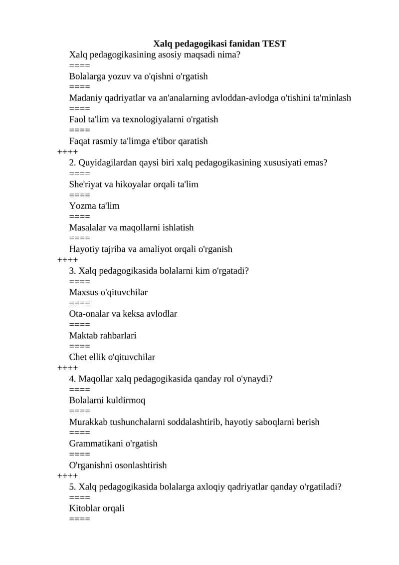 Xalq pedagogikasi fanidan TEST