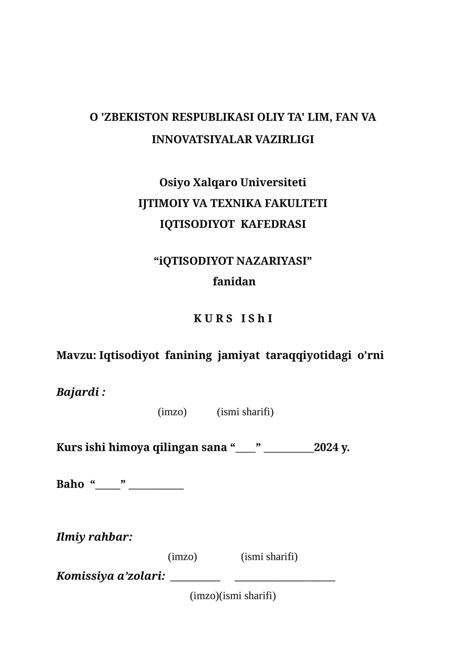 IQTISODIYOT NAZARIYASI fanidan KURS ISHI