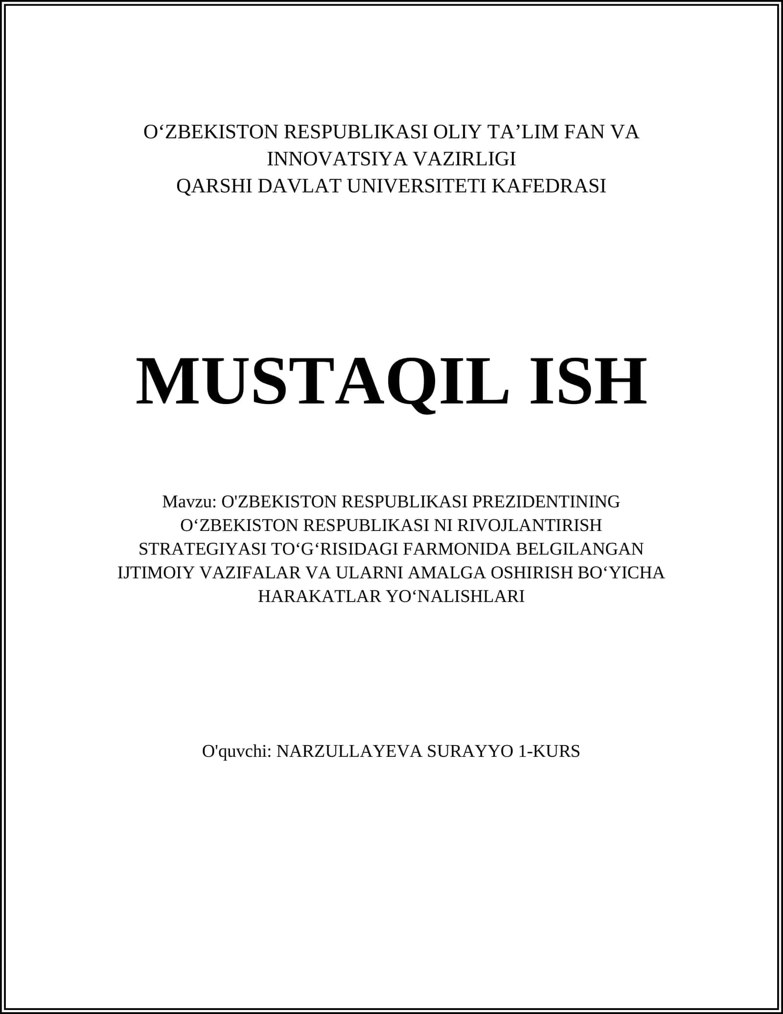O'ZBEKISTON RESPUBLIKASI NI RIVOJLANTIRISH STRATEGIYASI