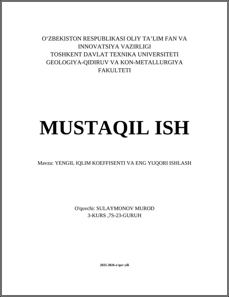 Yengil Iqlim Koeffisienti va Eng Yuqori Ishlash
