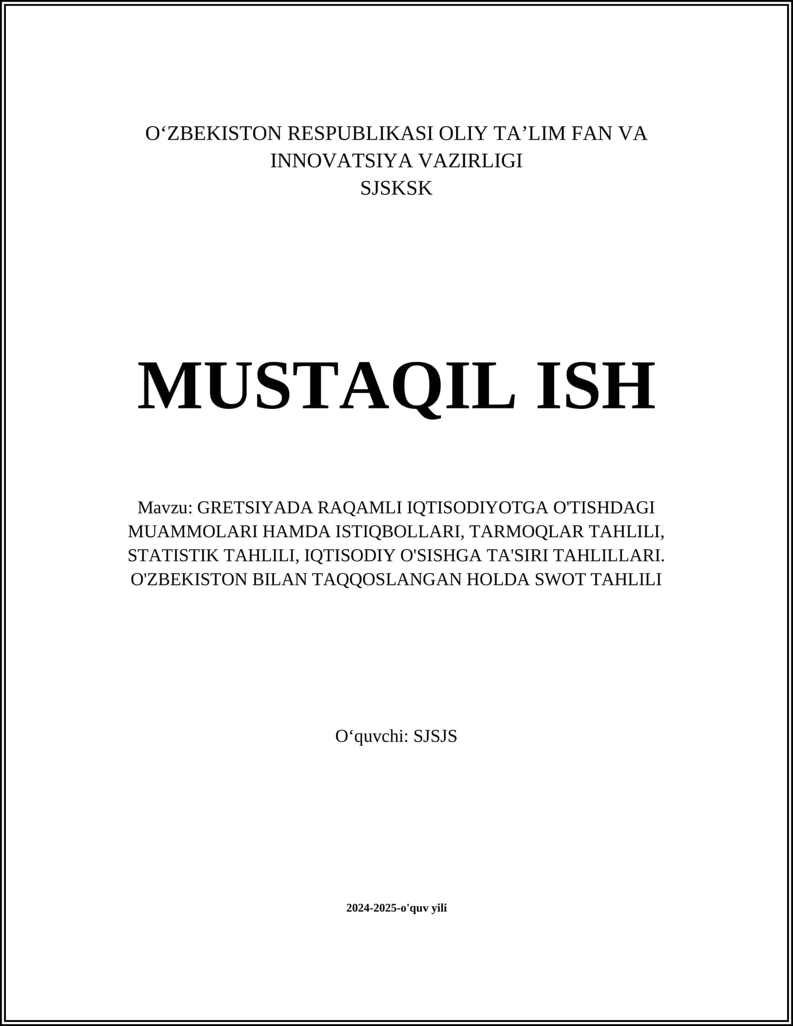 RAQAMLI IQTISODIYOTGA O'TISHDAGI MUAMMOLARI HAMDA ISTIQBOLLARI, TARMOQLAR TAHLILI, STATISTIK TAHLILI, IQTISODIY O'SISHGA TA'SIRI TAHLILLARI, O'ZBEKISTON BILAN TAQQOSLANGAN HOLDA SWOT TAHLILI