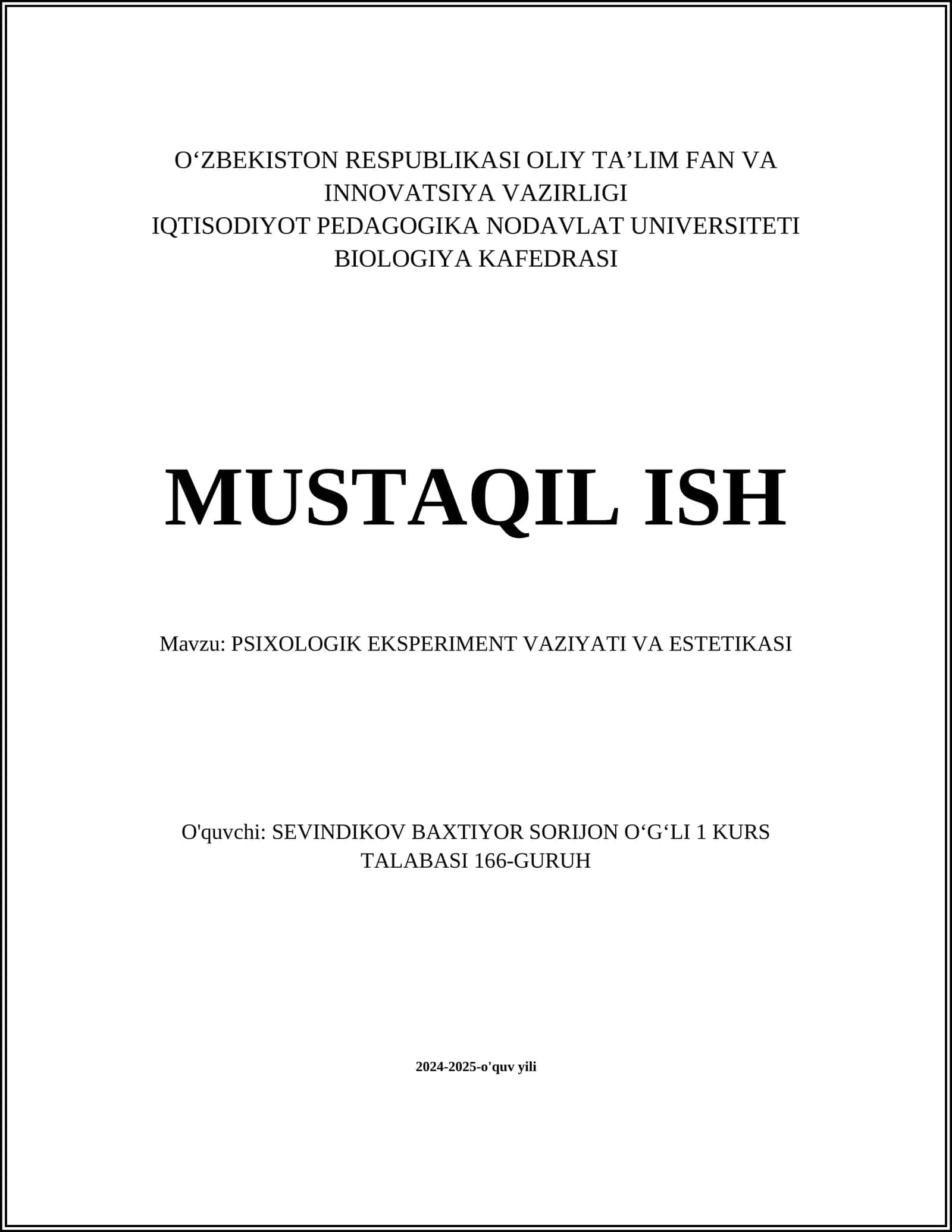 PSIXOLOGIK EKSPERIMENT VAZIYATI VA ESTETIKASI