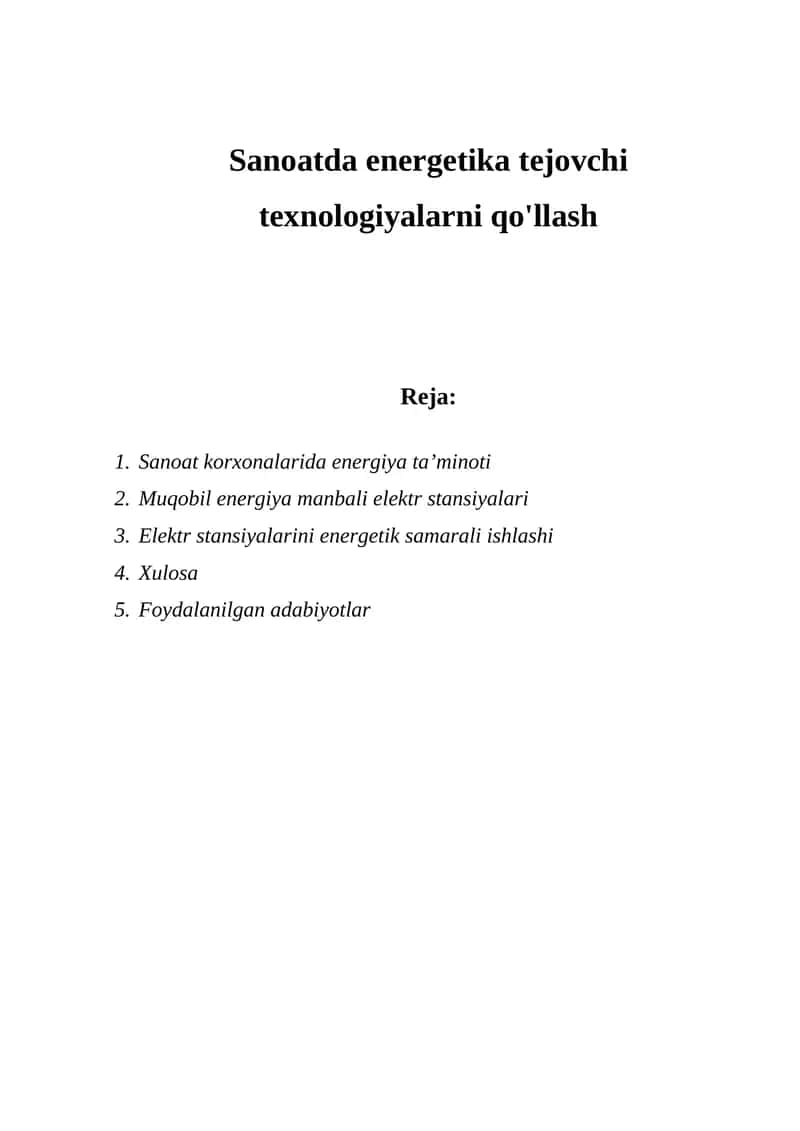 Sanoatda energetika tejovchi texnologiyalarni qo'llash
