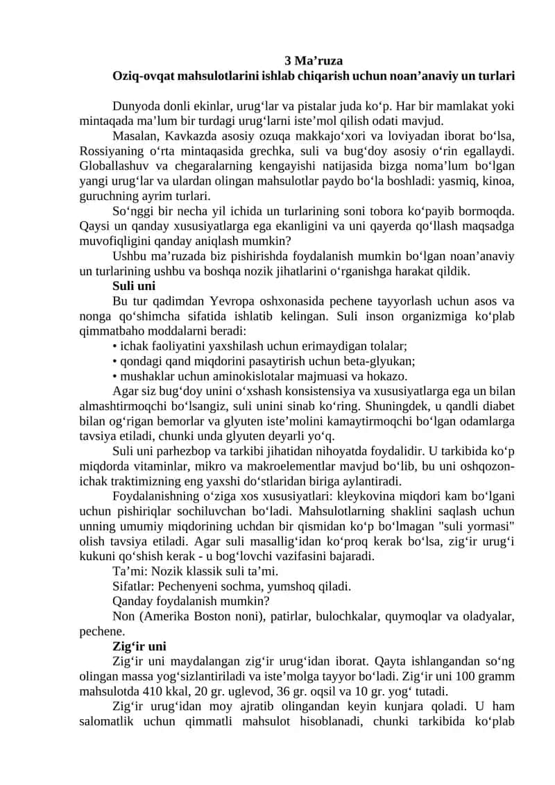 Oziq-ovqat mahsulotlarini ishlab chiqarish uchun noan’anaviy un turlari