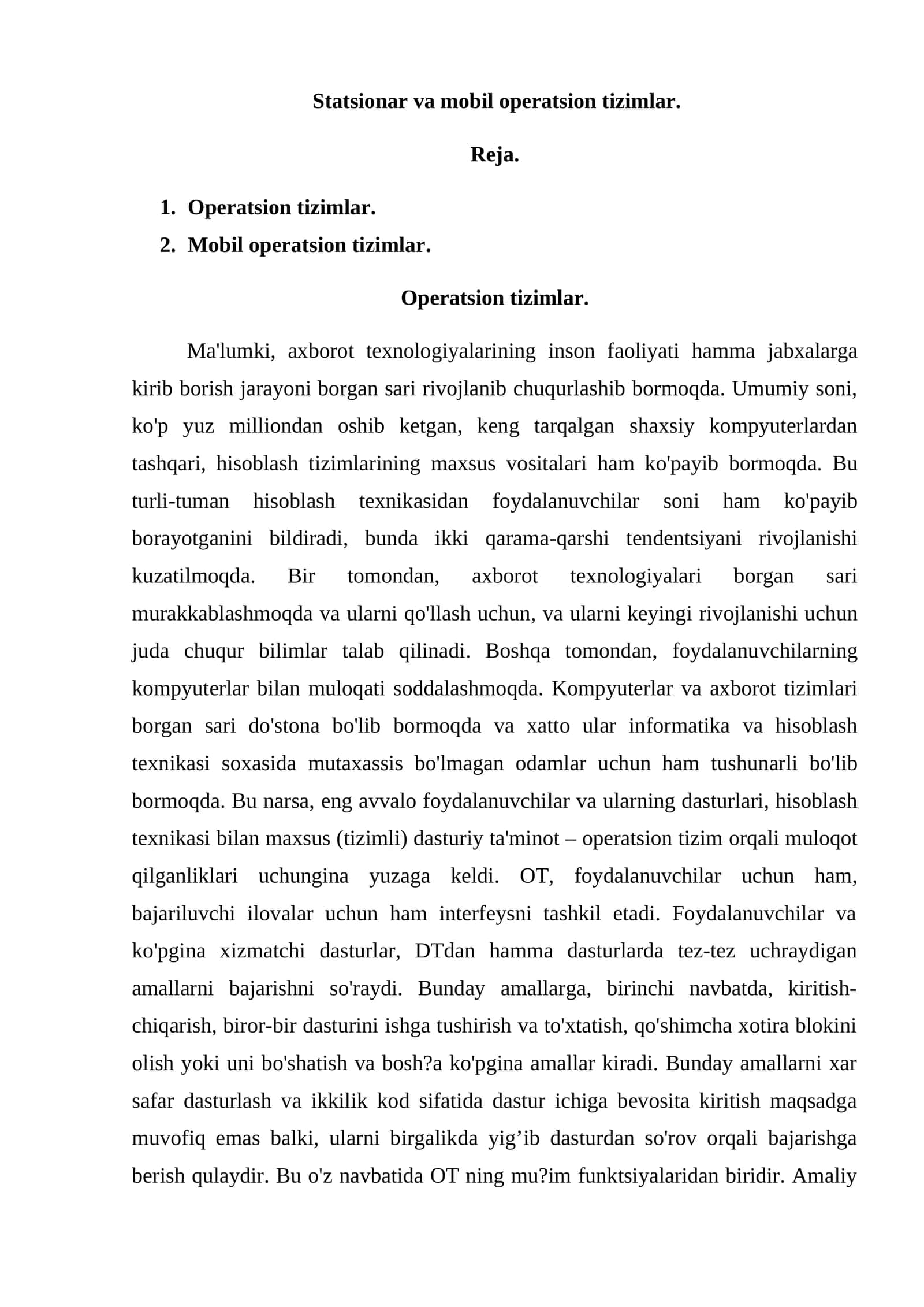 Statsionar va mobil operatsion tizimlar